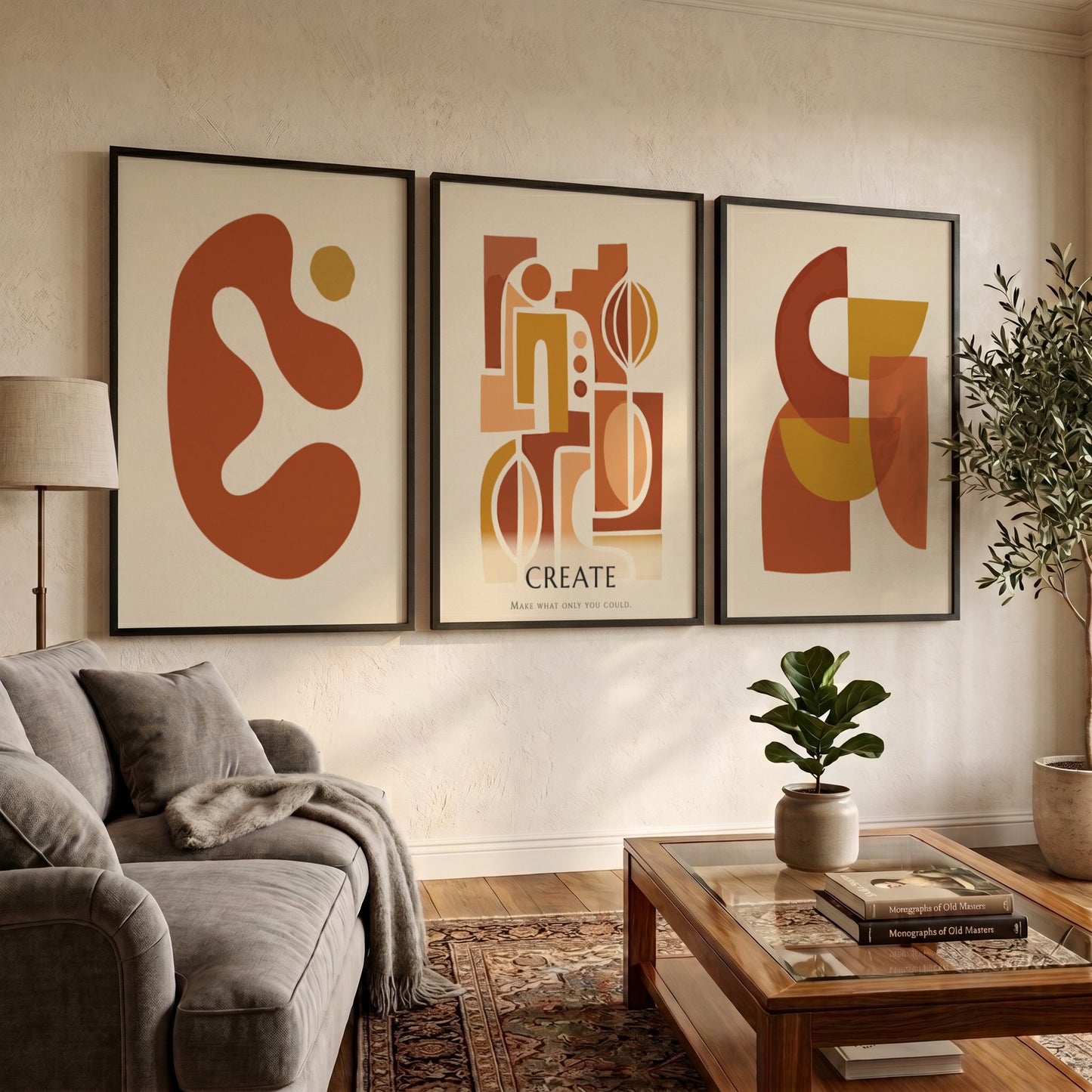 Poster set featuring three abstract geometric designs in warm terracotta and ochre tones.