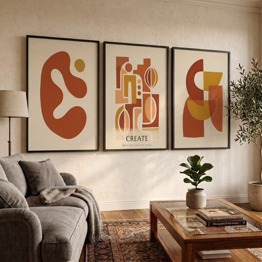 Poster set featuring three abstract geometric designs in warm terracotta and ochre tones.