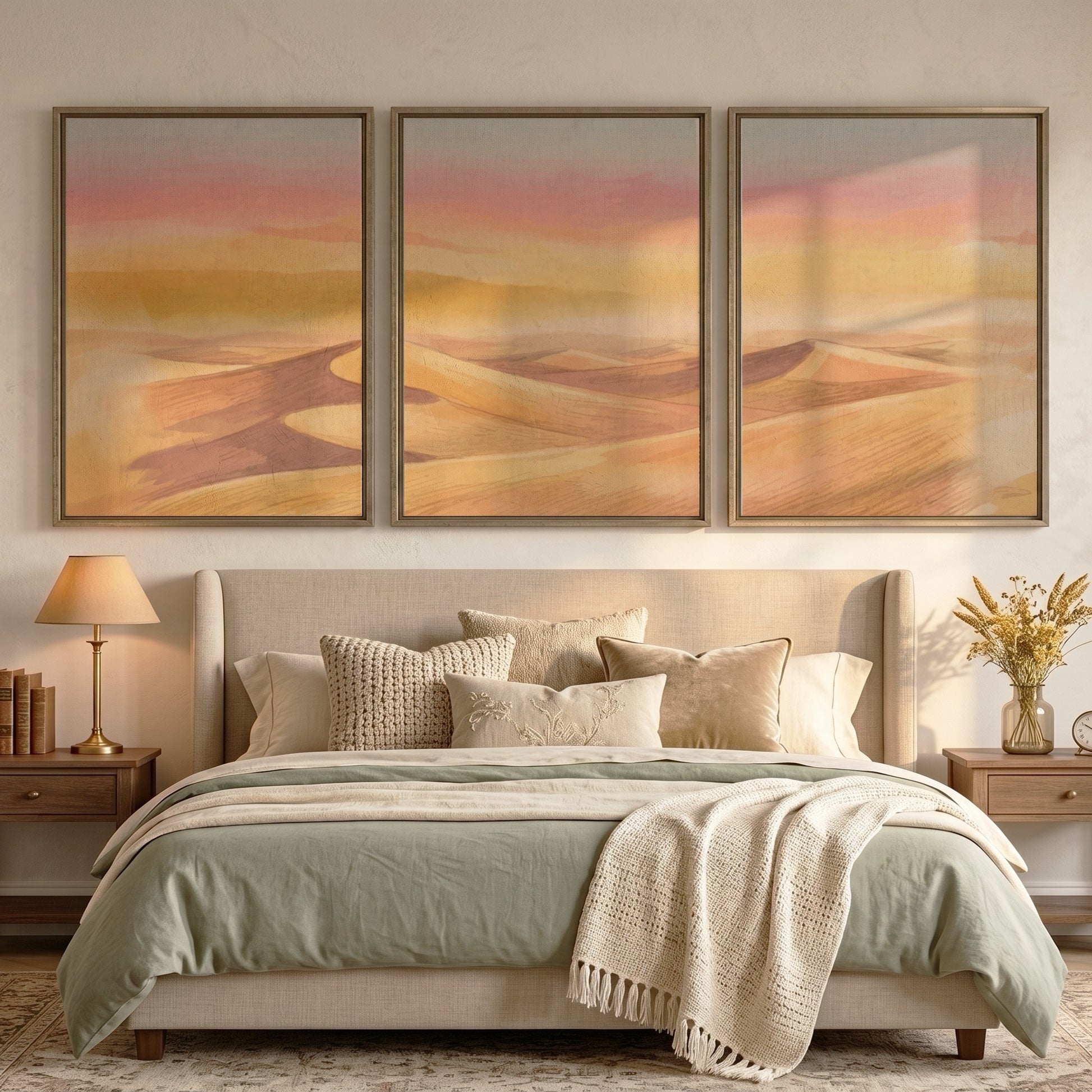 Three framed landscape prints showing golden desert dunes under a soft sunset sky