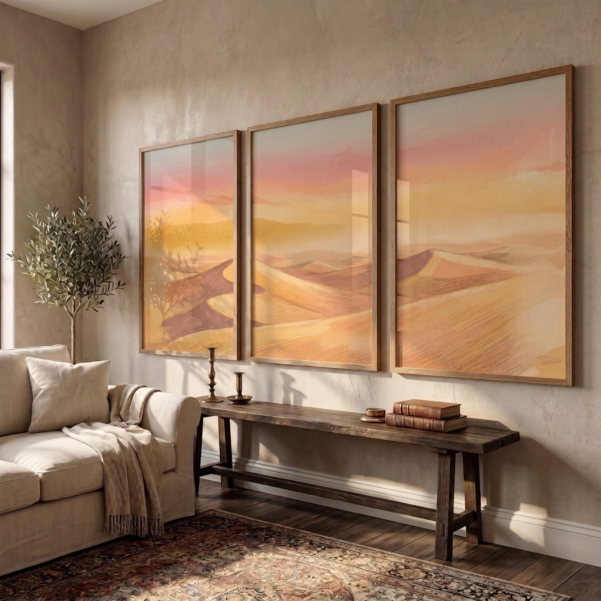 Three framed landscape prints showing golden desert dunes under a soft sunset sky