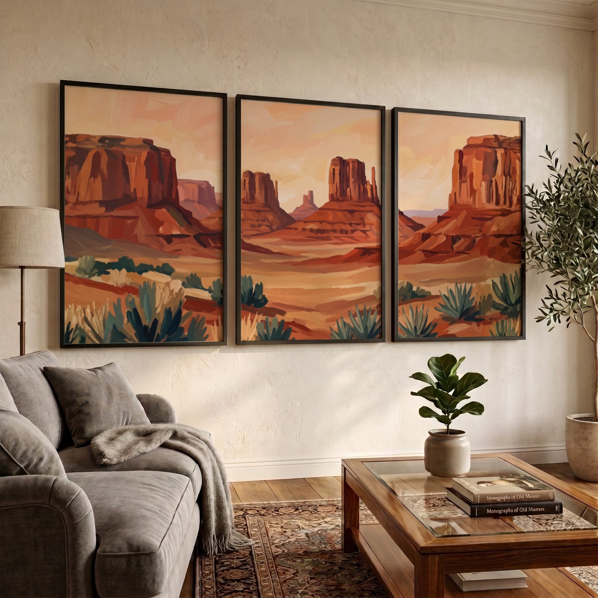 Triptych of desert rock formations featuring warm ochre and sage tones in landscape