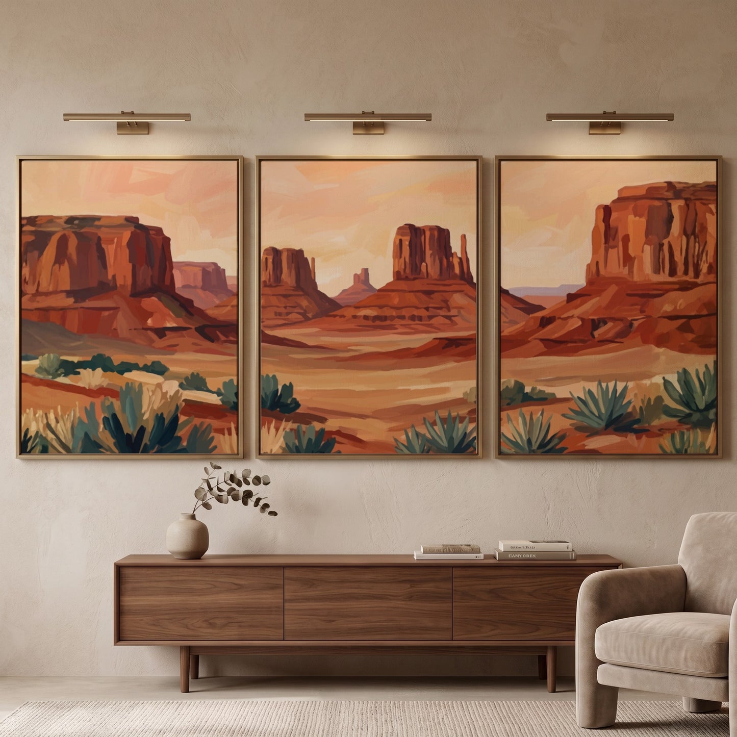 Triptych of desert rock formations featuring warm ochre and sage tones in landscape