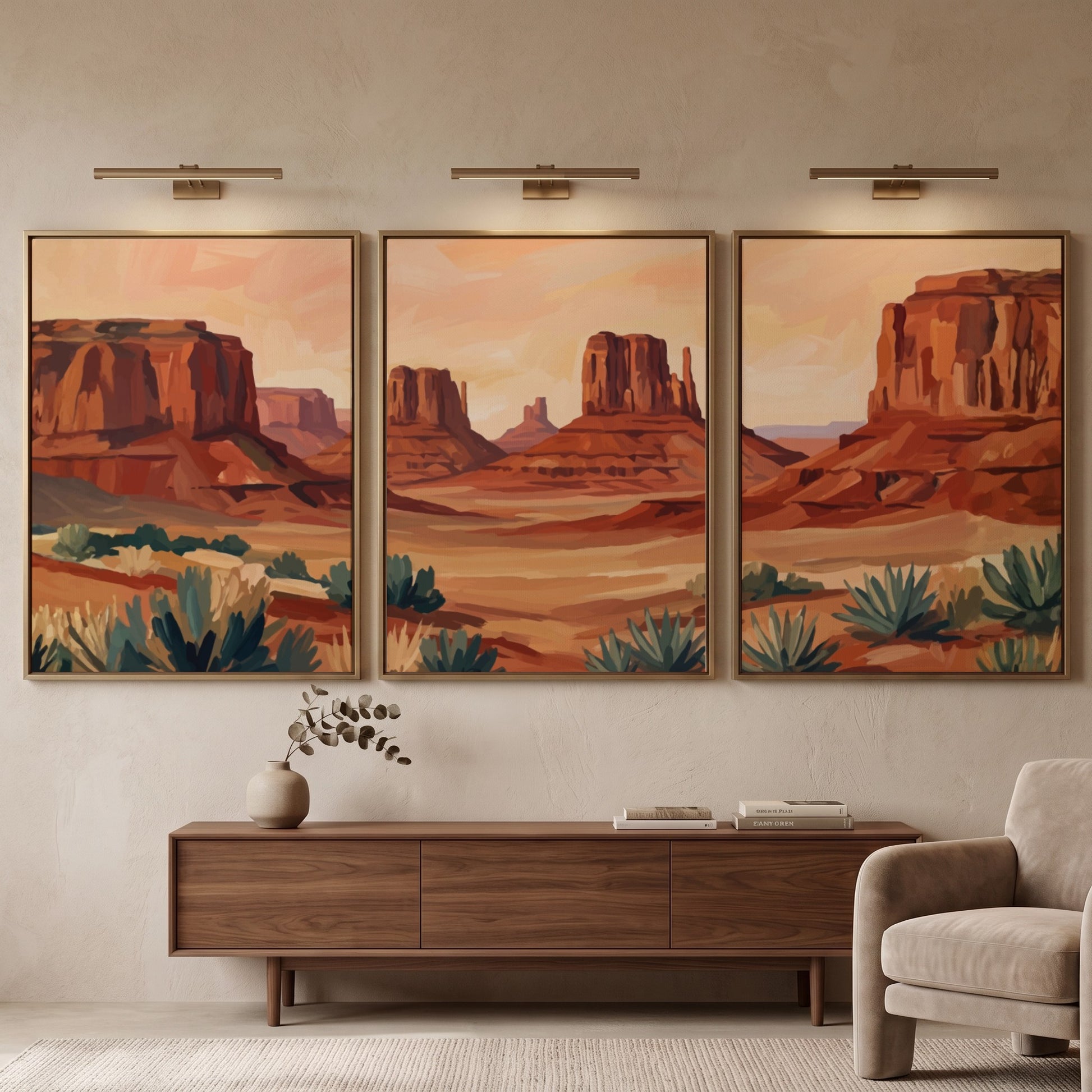Triptych of desert rock formations featuring warm ochre and sage tones in landscape