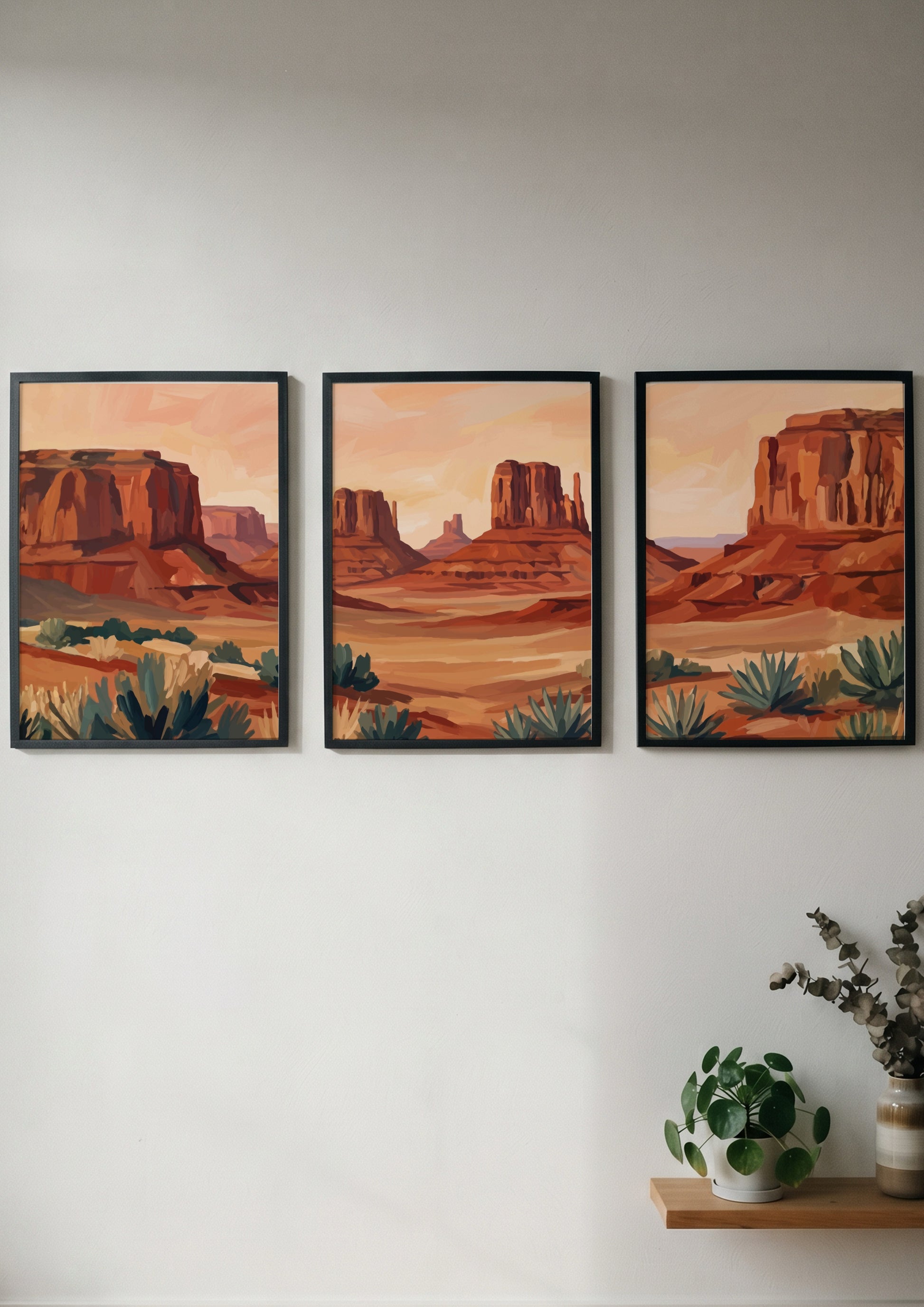 Triptych of desert rock formations featuring warm ochre and sage tones in landscape