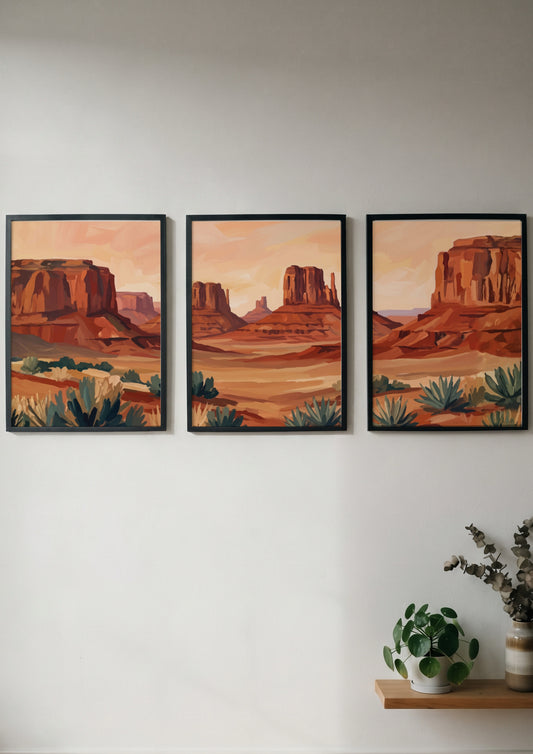 Triptych of desert rock formations featuring warm ochre and sage tones in landscape