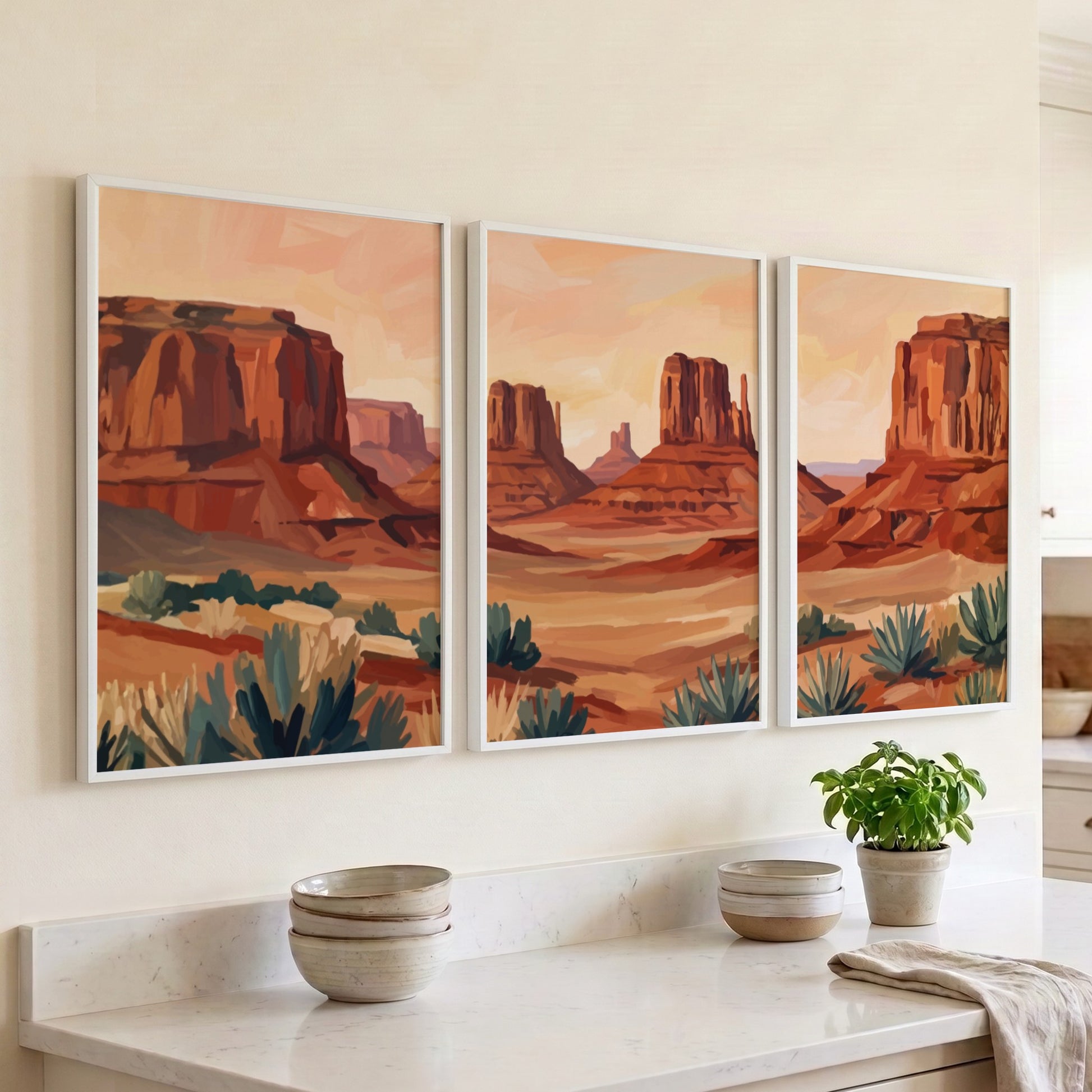 Triptych of desert rock formations featuring warm ochre and sage tones in landscape