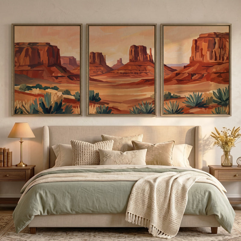Triptych of desert rock formations featuring warm ochre and sage tones in landscape