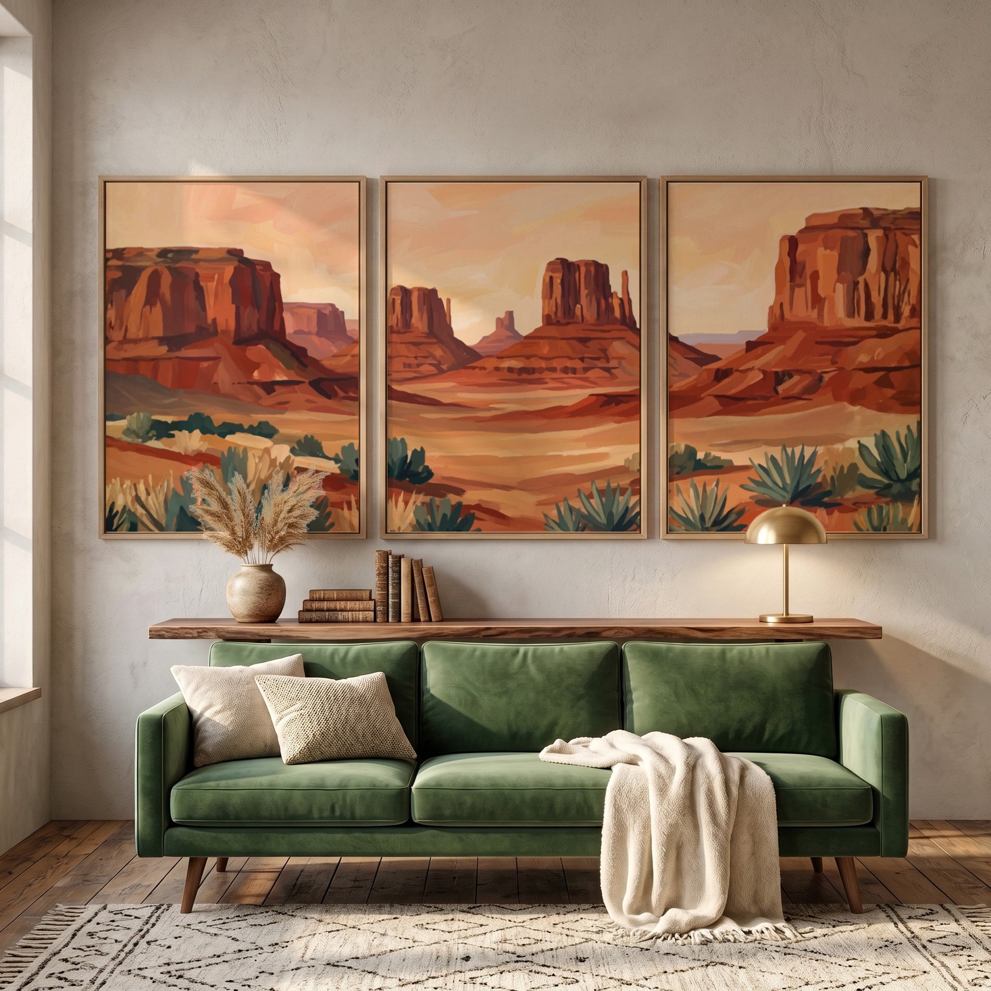 Triptych of desert rock formations featuring warm ochre and sage tones in landscape