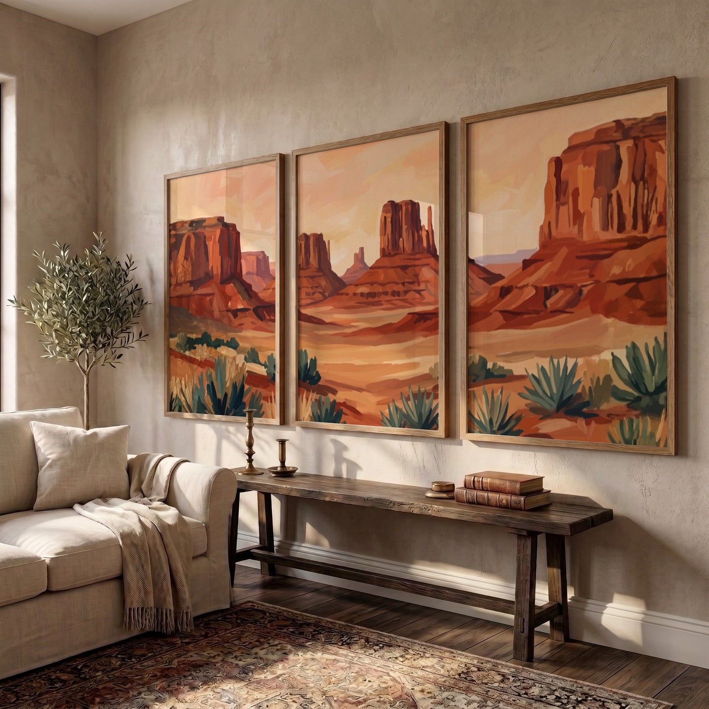 Triptych of desert rock formations featuring warm ochre and sage tones in landscape