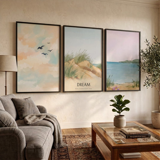 Poster set featuring a coastal landscape with sand dunes and the word dream displayed.