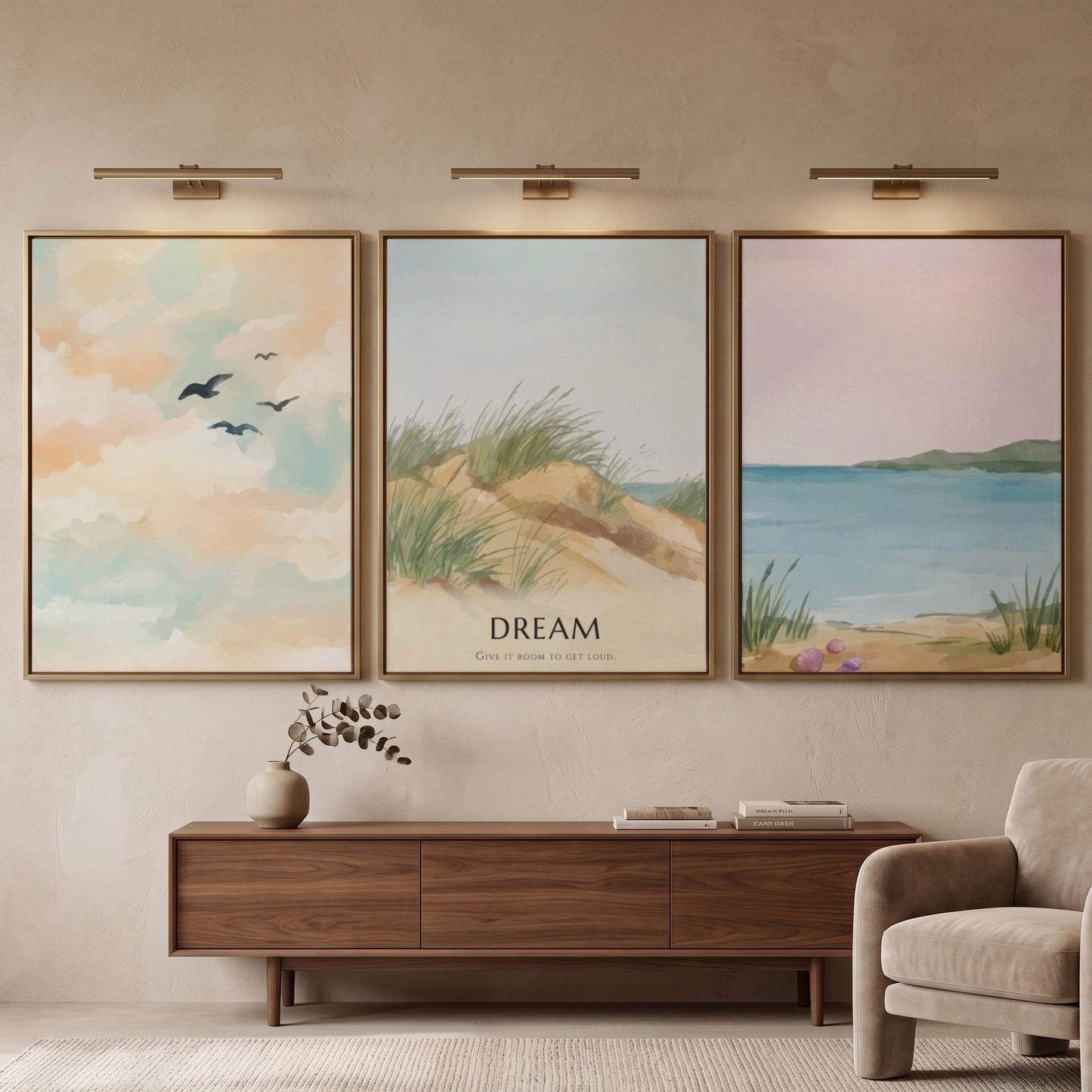 Poster set featuring a coastal landscape with sand dunes and the word dream displayed.