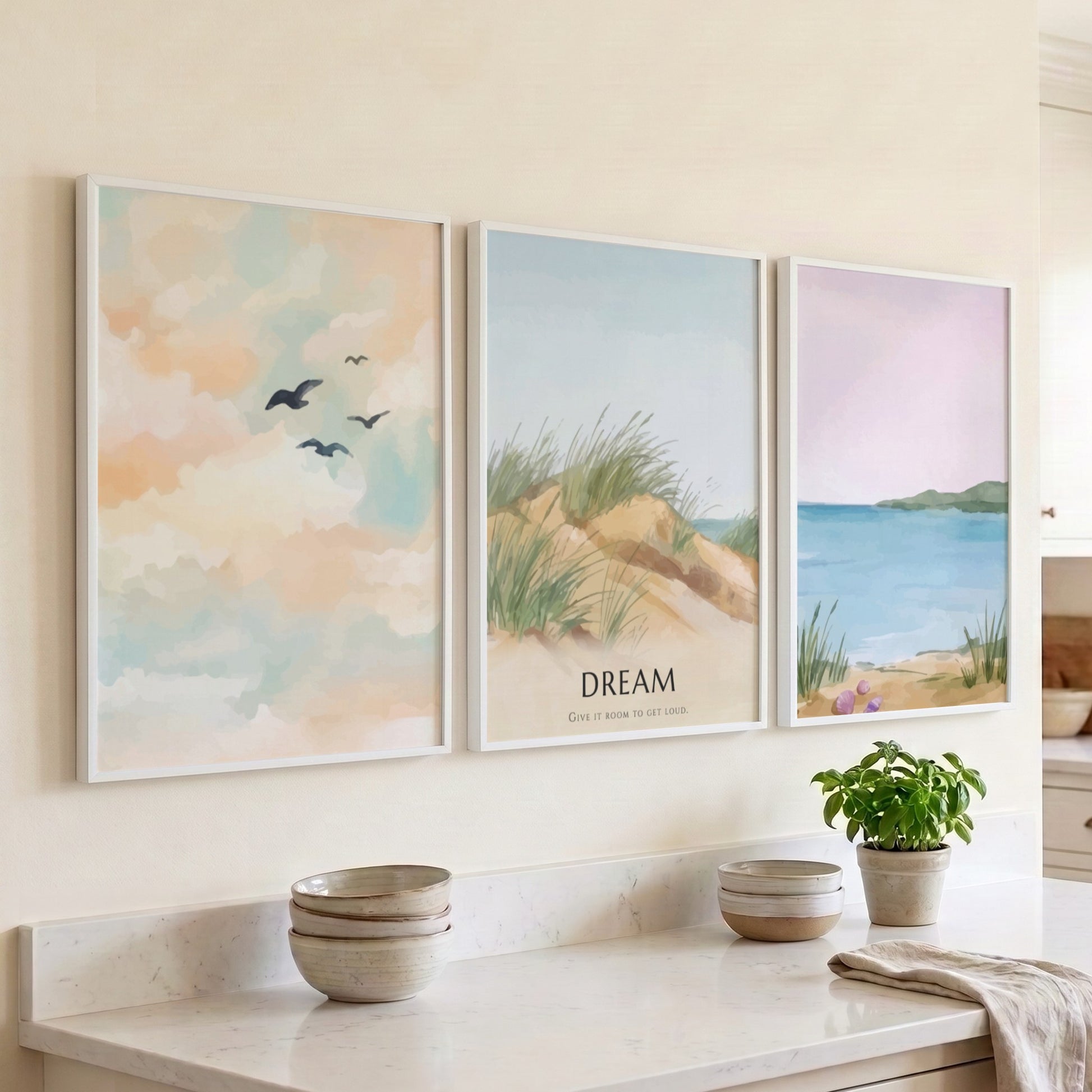 Poster set featuring a coastal landscape with sand dunes and the word dream displayed.