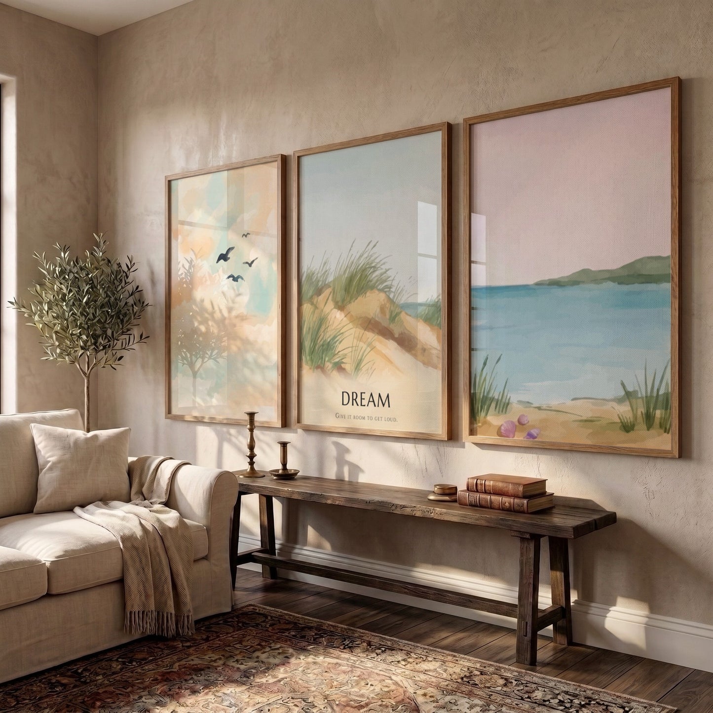 Poster set featuring a coastal landscape with sand dunes and the word dream displayed.