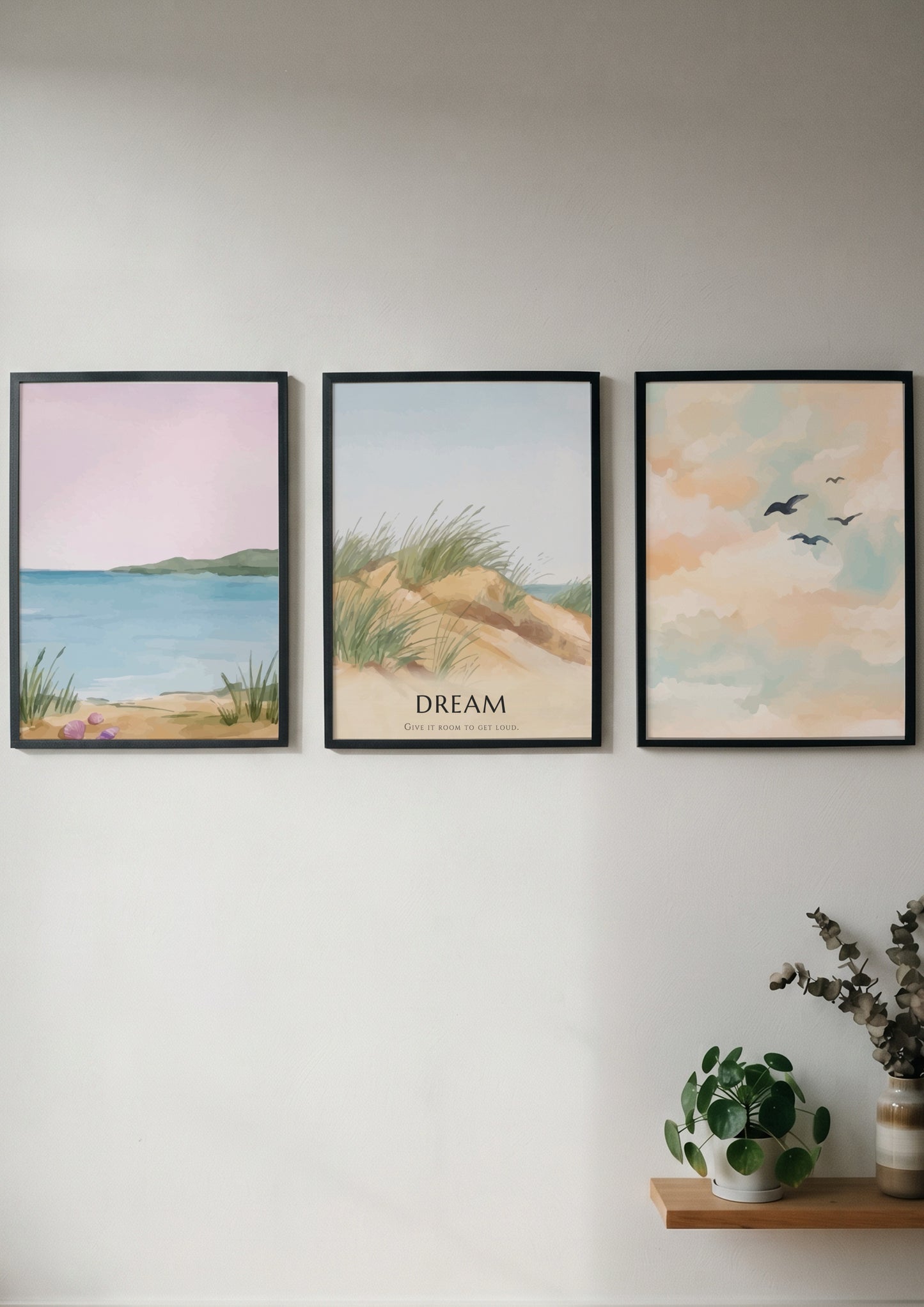 Poster set featuring a coastal landscape with sand dunes and the word dream displayed.