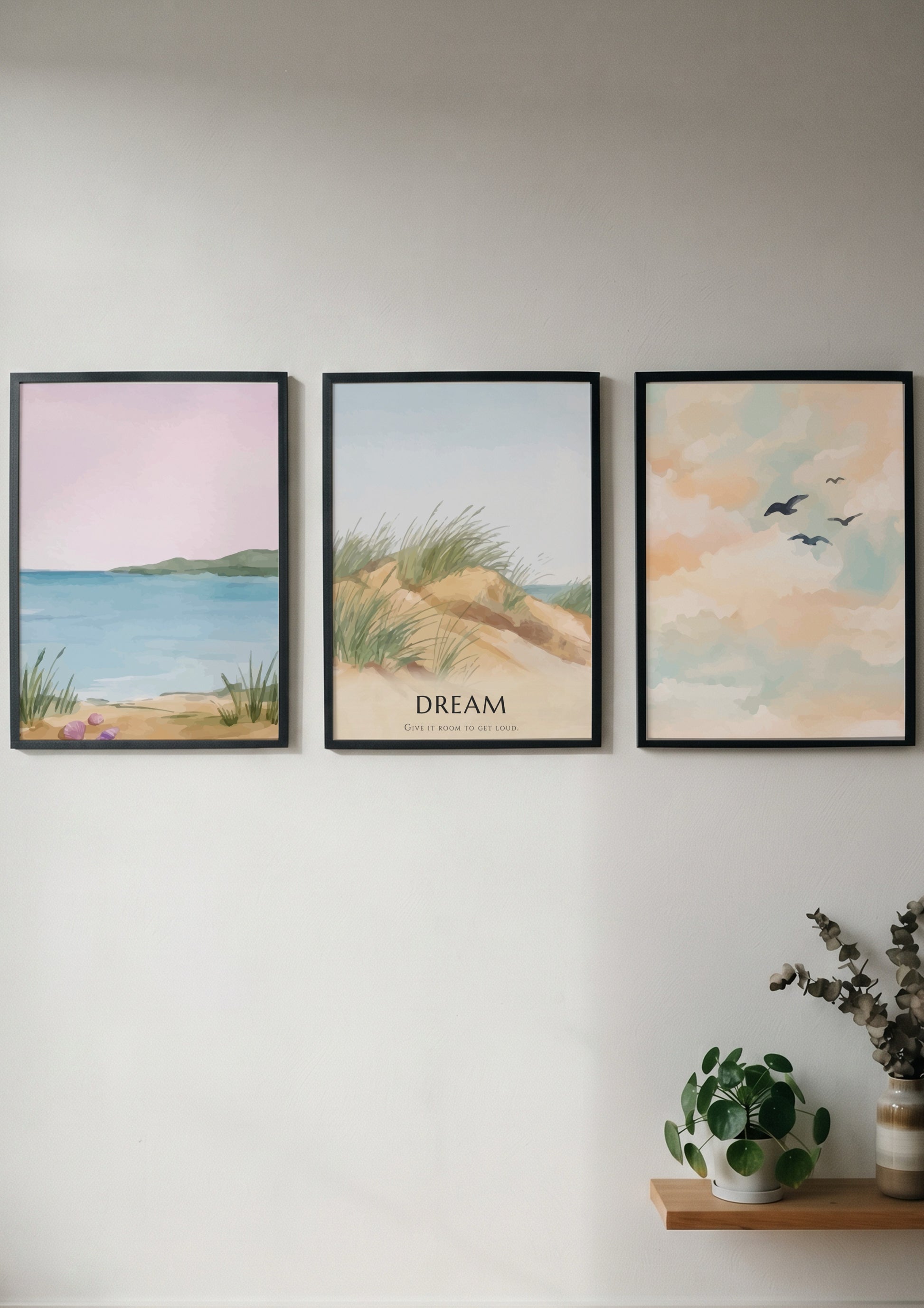 Poster set featuring a coastal landscape with sand dunes and the word dream displayed.