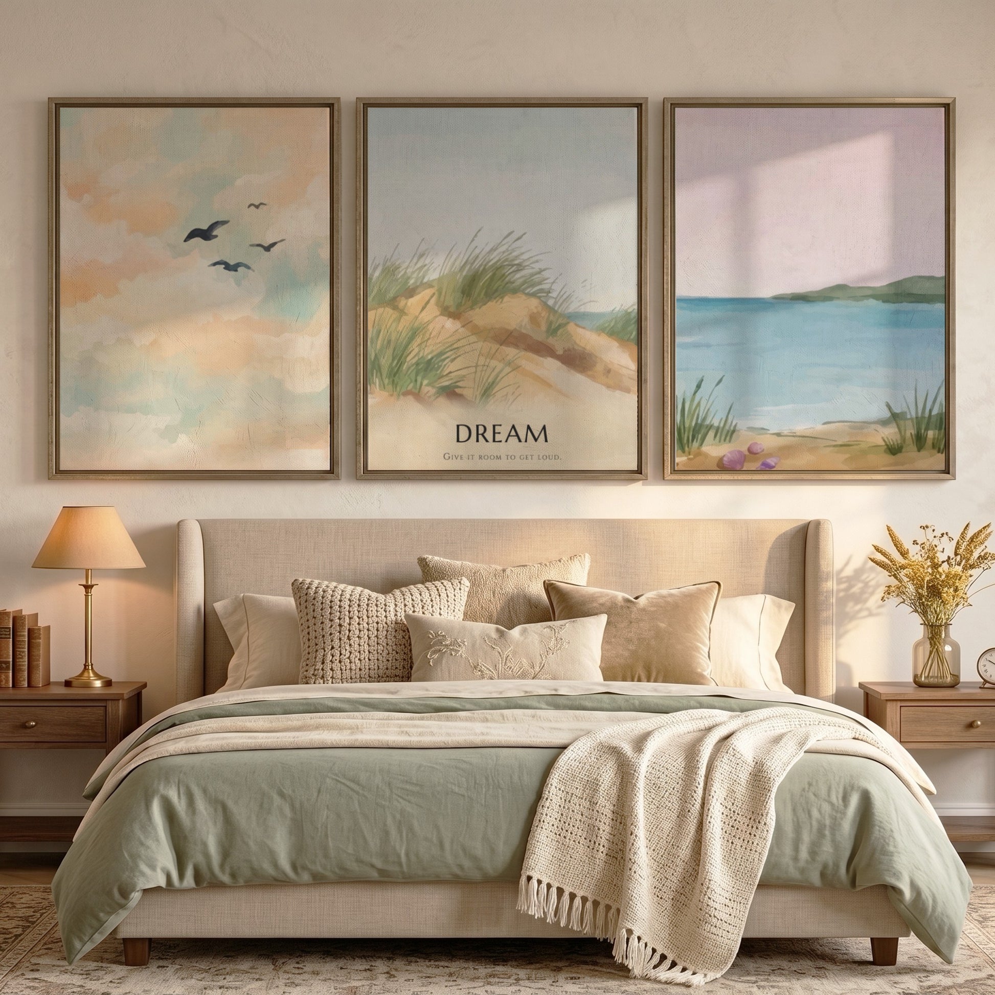 Poster set featuring a coastal landscape with sand dunes and the word dream displayed.