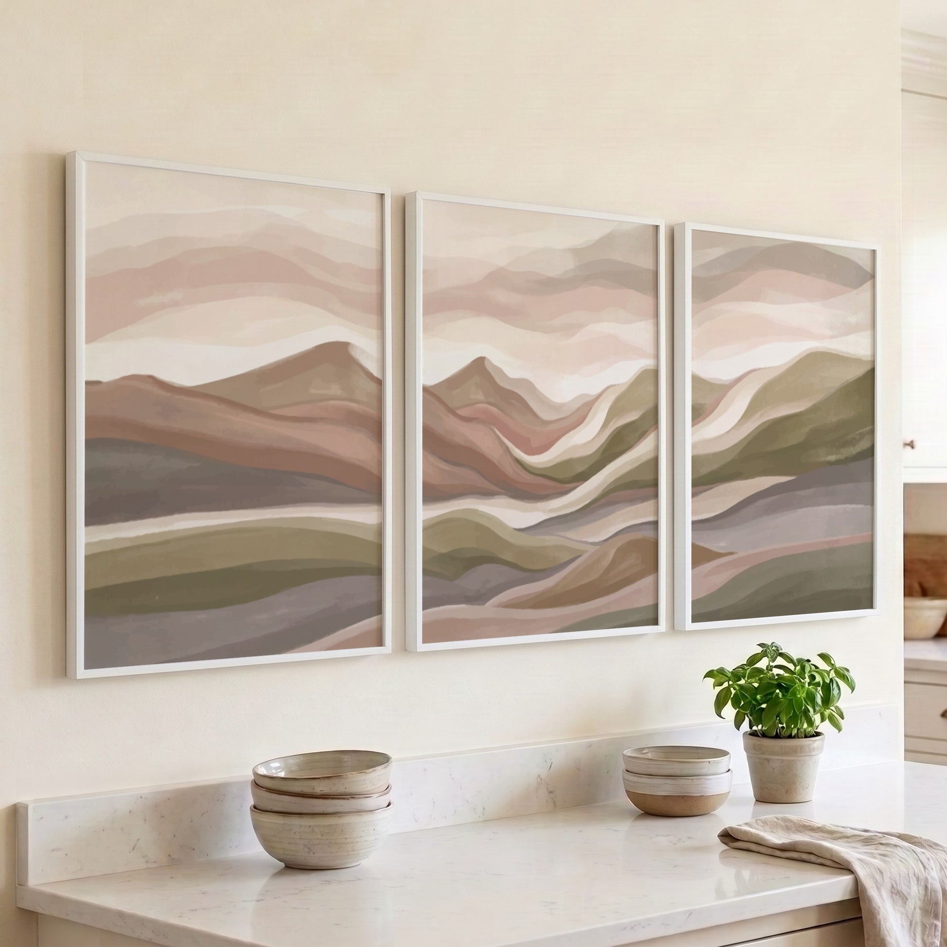 Triptych wall art set featuring abstract mountain landscapes in muted earth tones of green
