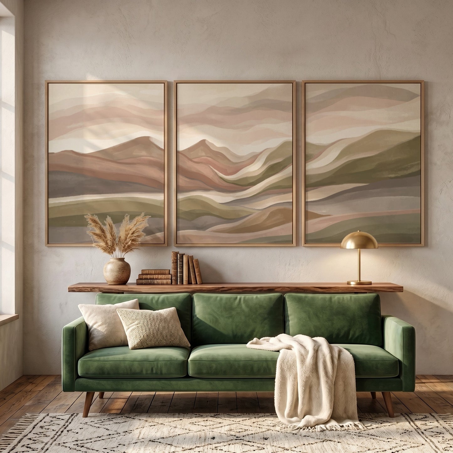 Triptych wall art set featuring abstract mountain landscapes in muted earth tones of green