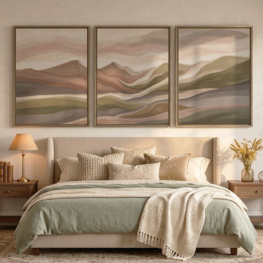 Triptych wall art set featuring abstract mountain landscapes in muted earth tones of green
