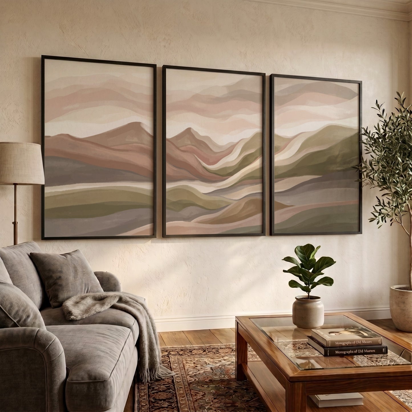 Triptych wall art set featuring abstract mountain landscapes in muted earth tones of green
