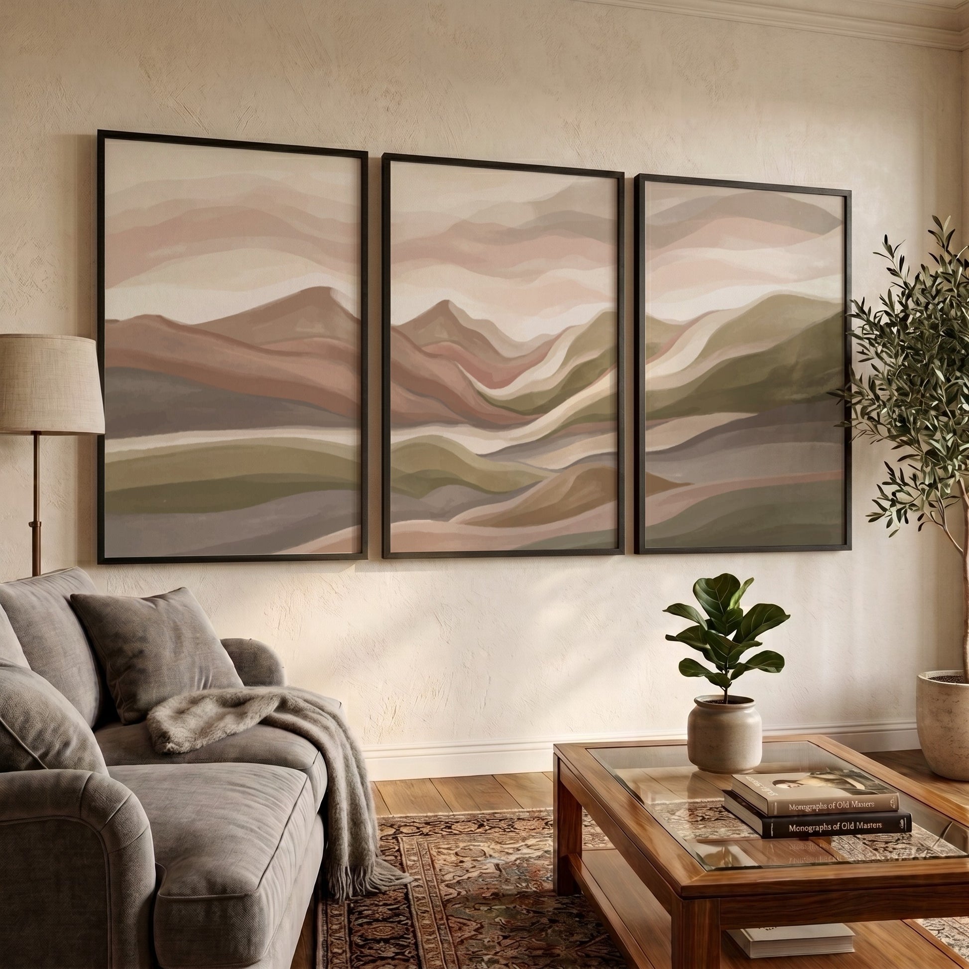 Triptych wall art set featuring abstract mountain landscapes in muted earth tones of green