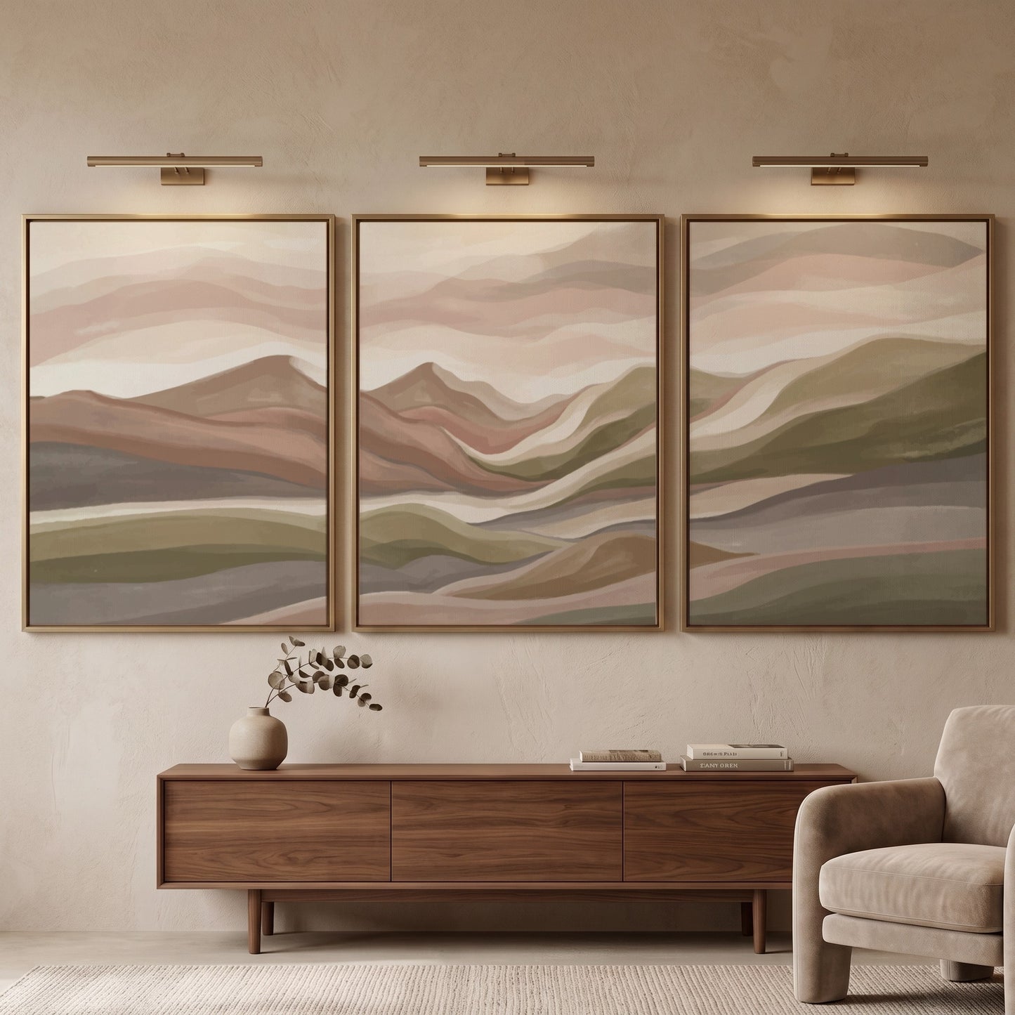 Triptych wall art set featuring abstract mountain landscapes in muted earth tones of green
