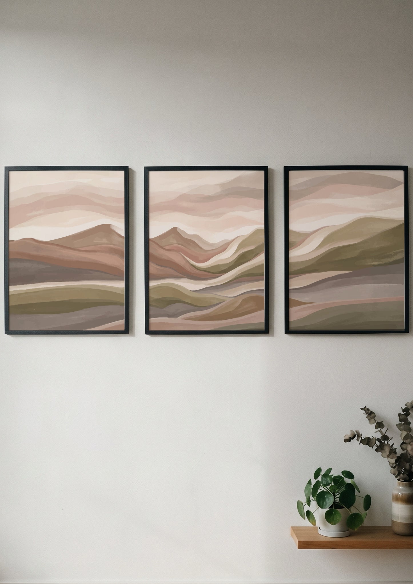 Triptych wall art set featuring abstract mountain landscapes in muted earth tones of green