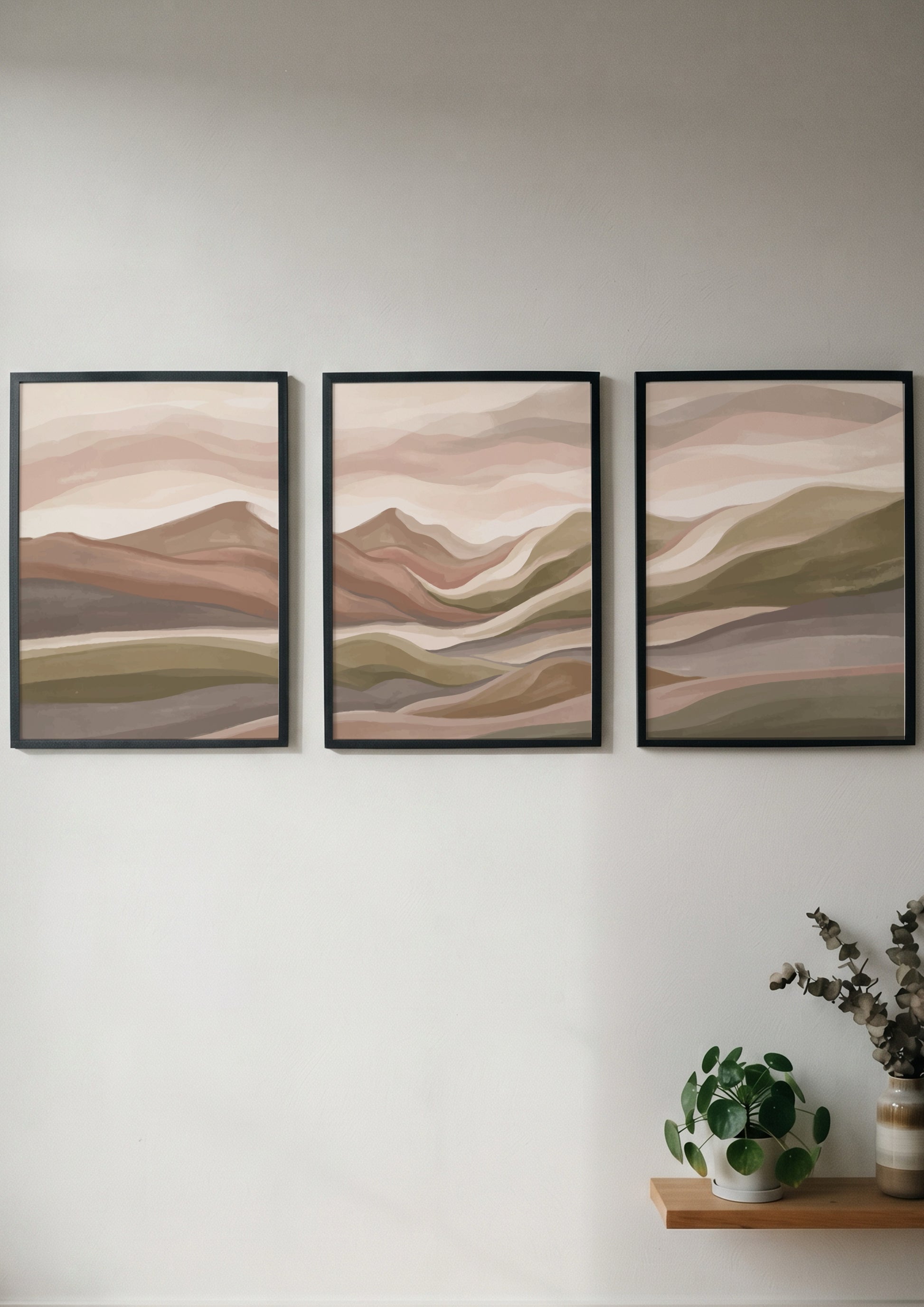 Triptych wall art set featuring abstract mountain landscapes in muted earth tones of green