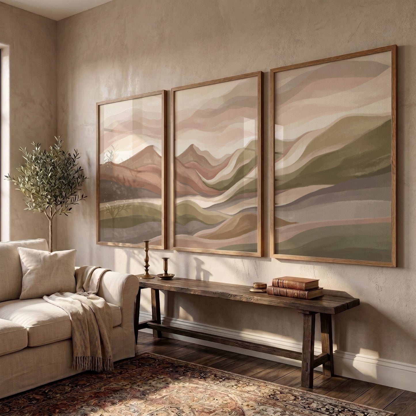 Triptych wall art set featuring abstract mountain landscapes in muted earth tones of green