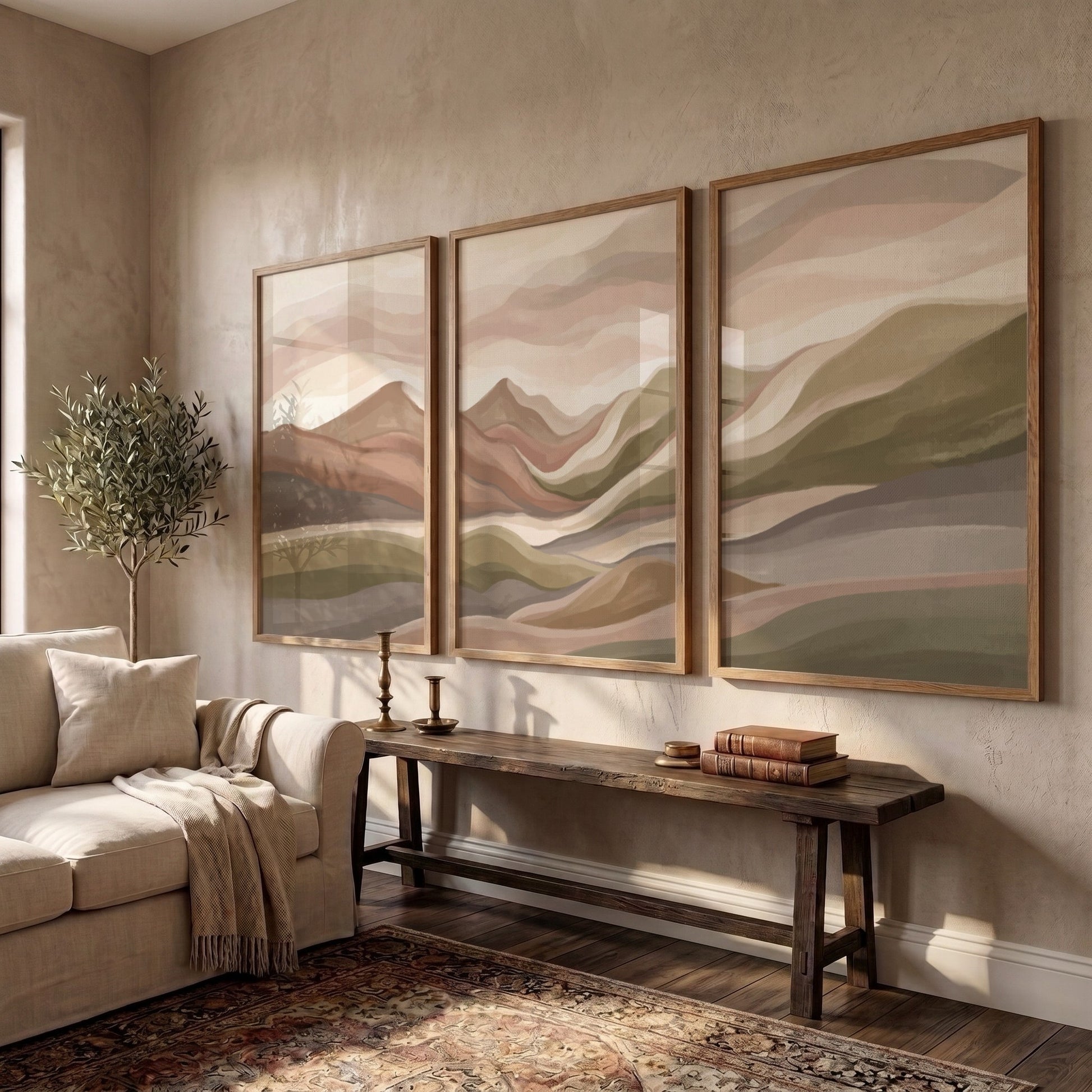 Triptych wall art set featuring abstract mountain landscapes in muted earth tones of green