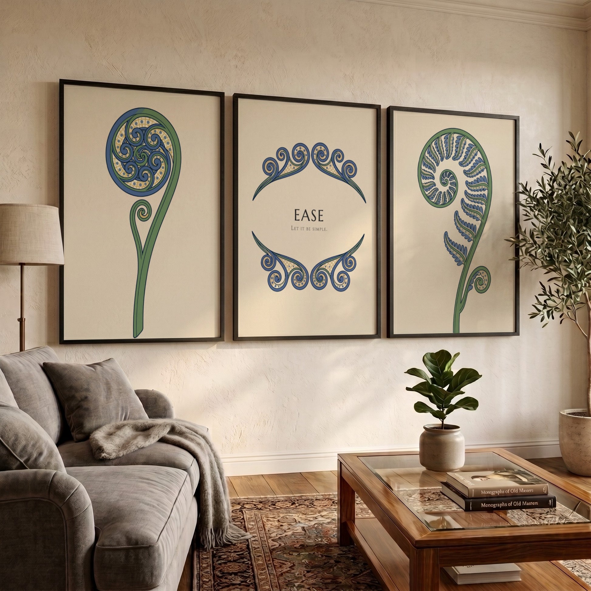 Poster triptych featuring blue and green fern fronds on a light cream background