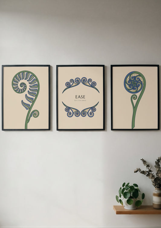 Poster triptych featuring blue and green fern fronds on a light cream background