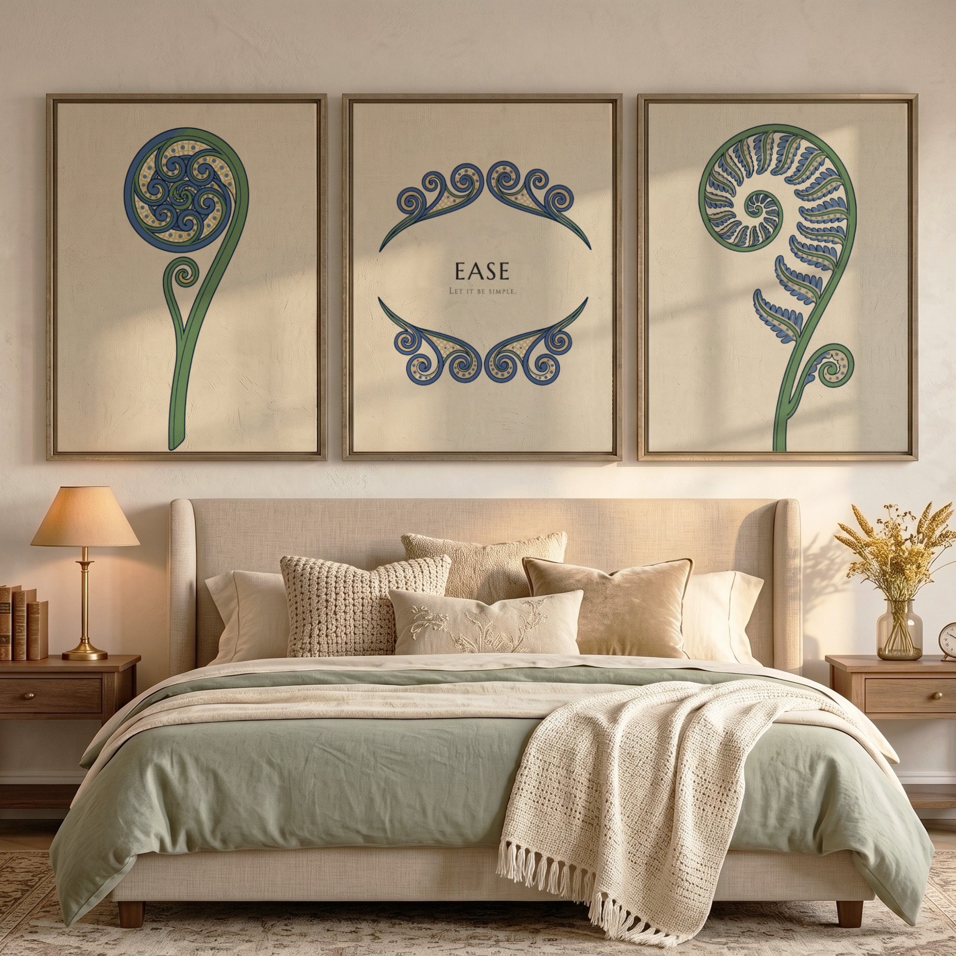 Poster triptych featuring blue and green fern fronds on a light cream background