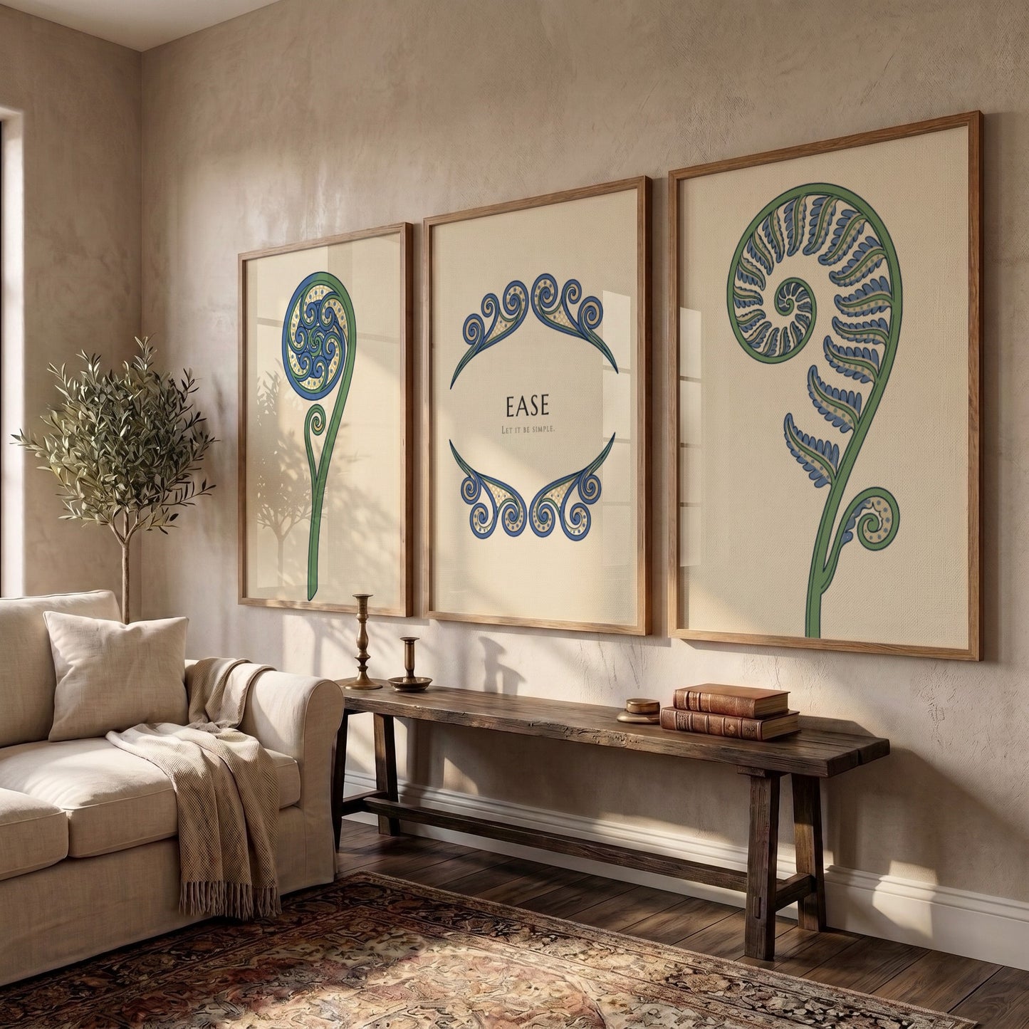 Poster triptych featuring blue and green fern fronds on a light cream background