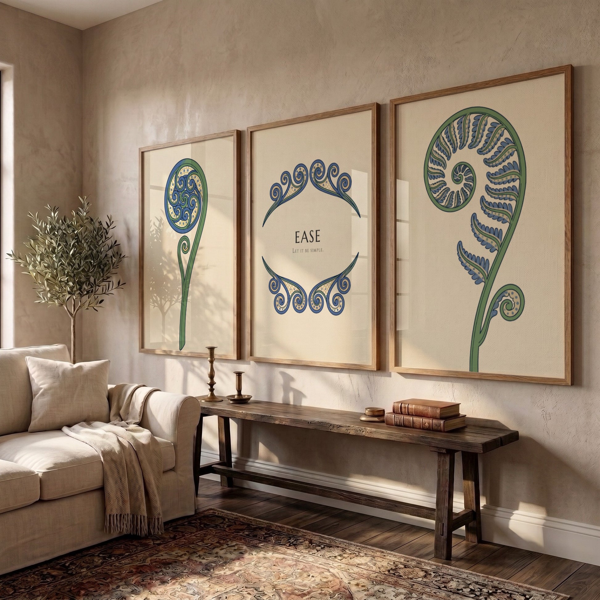 Poster triptych featuring blue and green fern fronds on a light cream background
