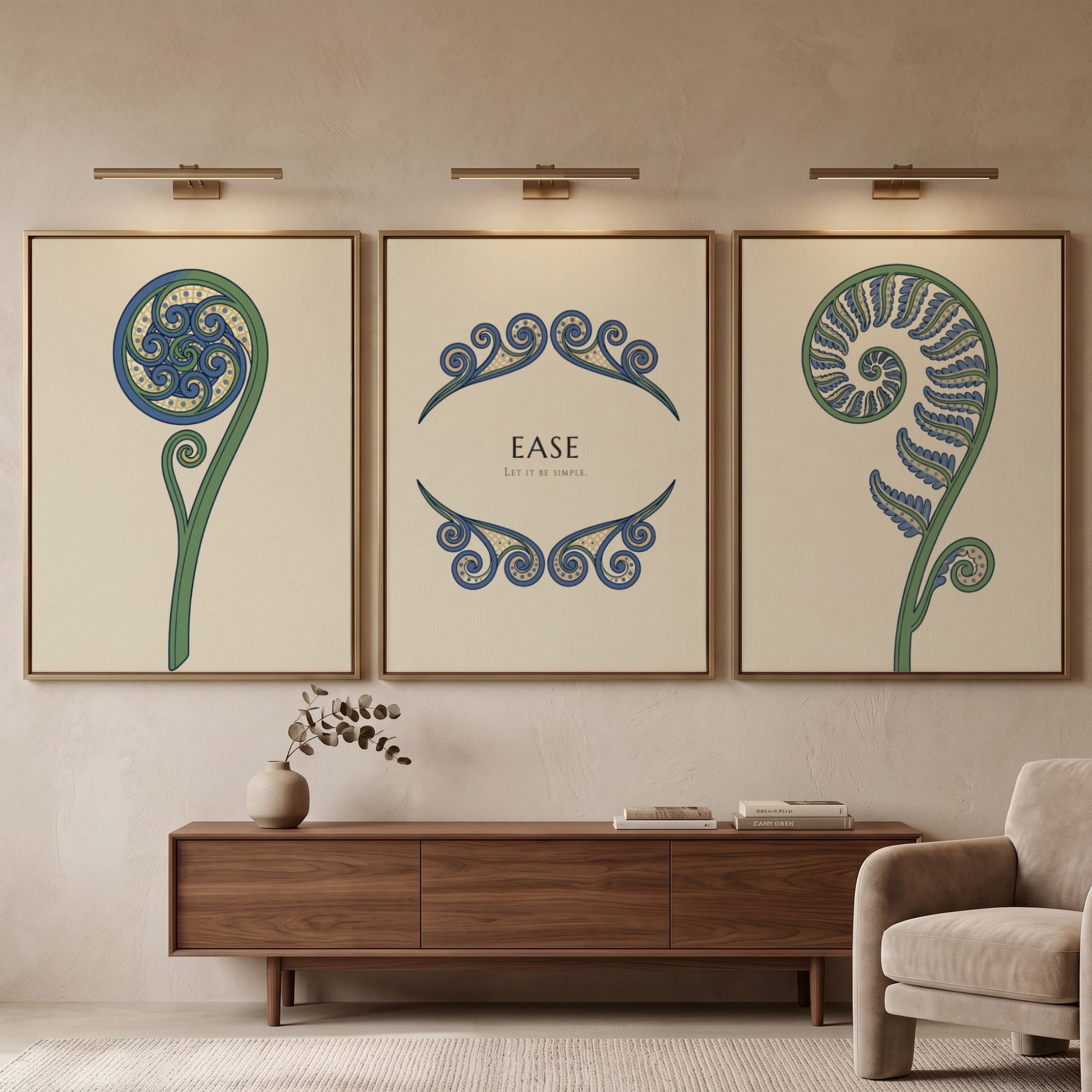 Poster triptych featuring blue and green fern fronds on a light cream background