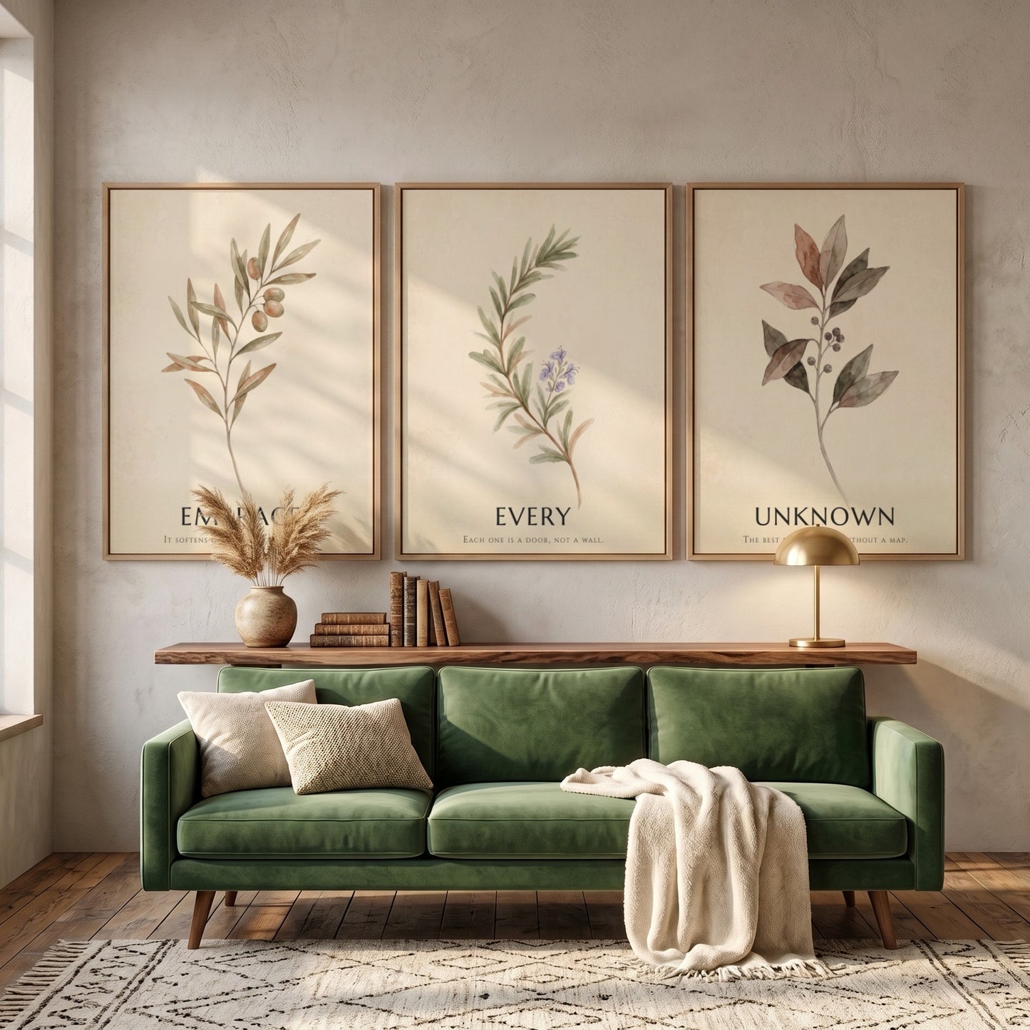 Botanical trio poster featuring earth-toned foliage and the text embrace every unknown displayed