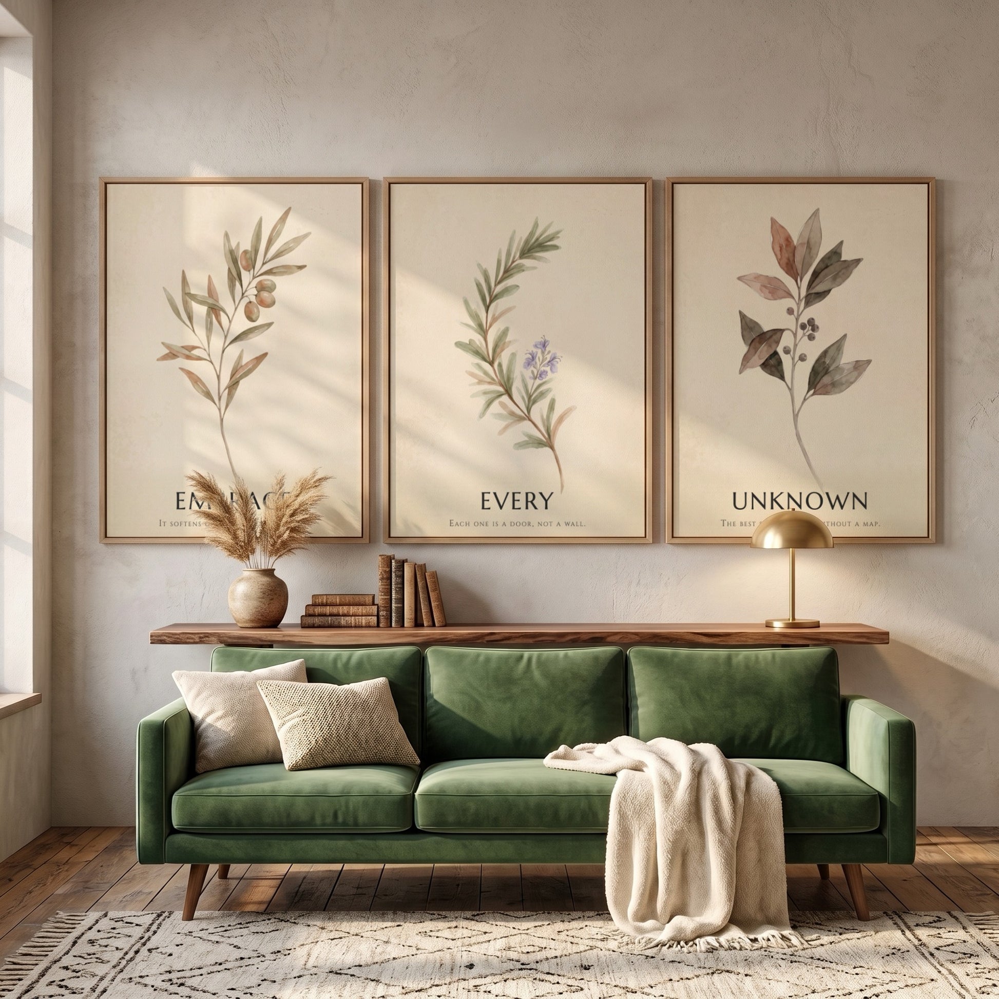 Botanical trio poster featuring earth-toned foliage and the text embrace every unknown displayed