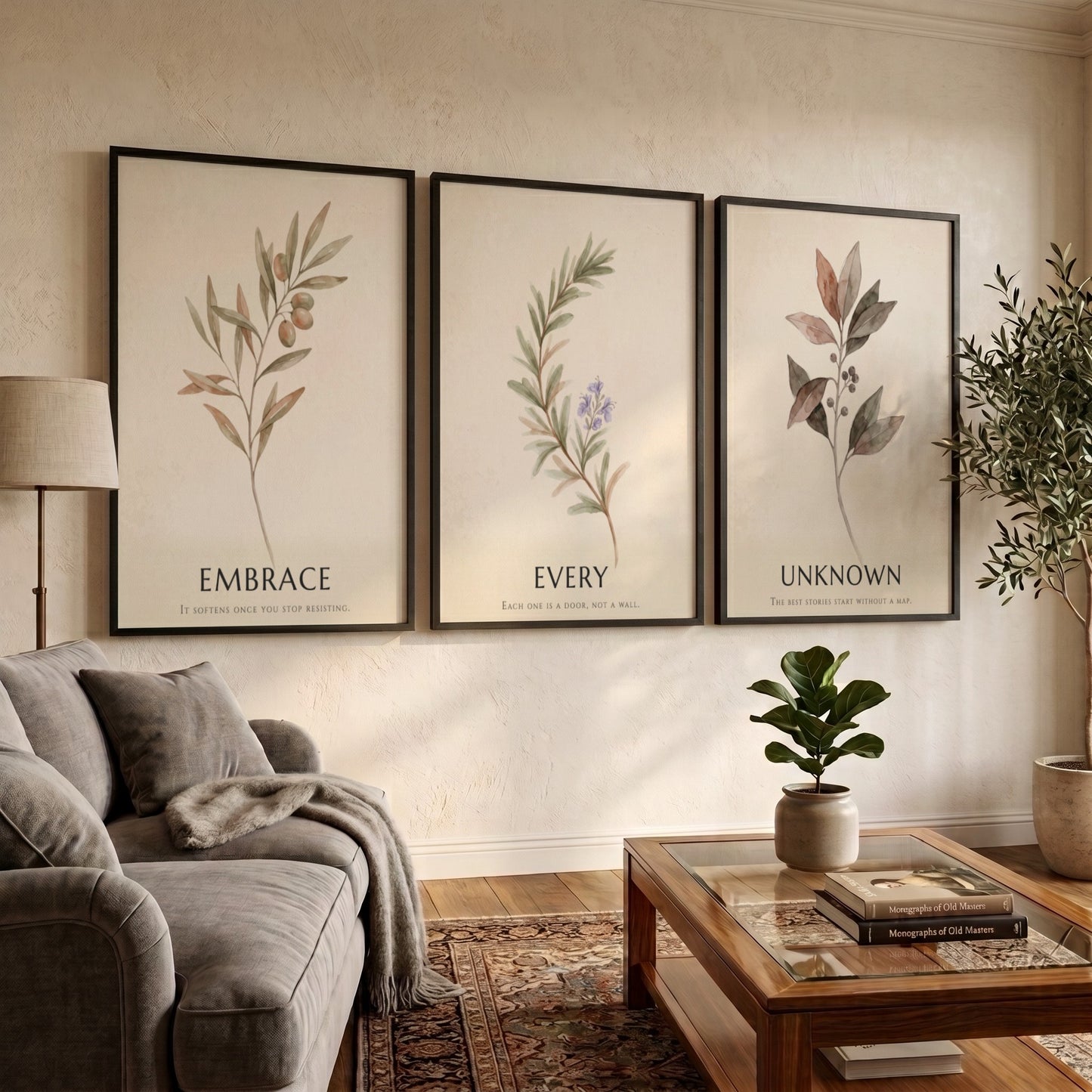 Botanical trio poster featuring earth-toned foliage and the text embrace every unknown displayed