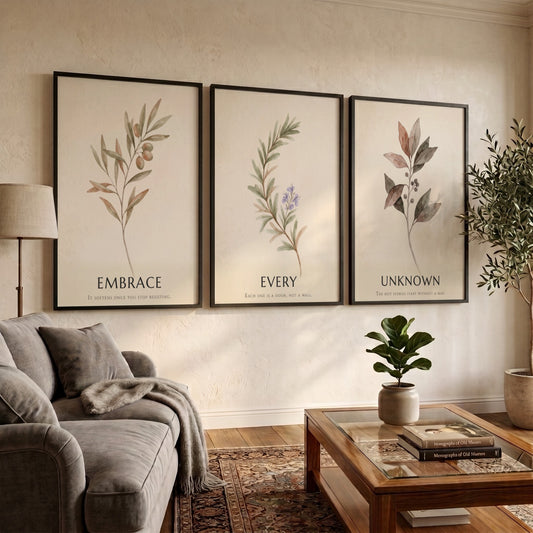 Botanical trio poster featuring earth-toned foliage and the text embrace every unknown displayed