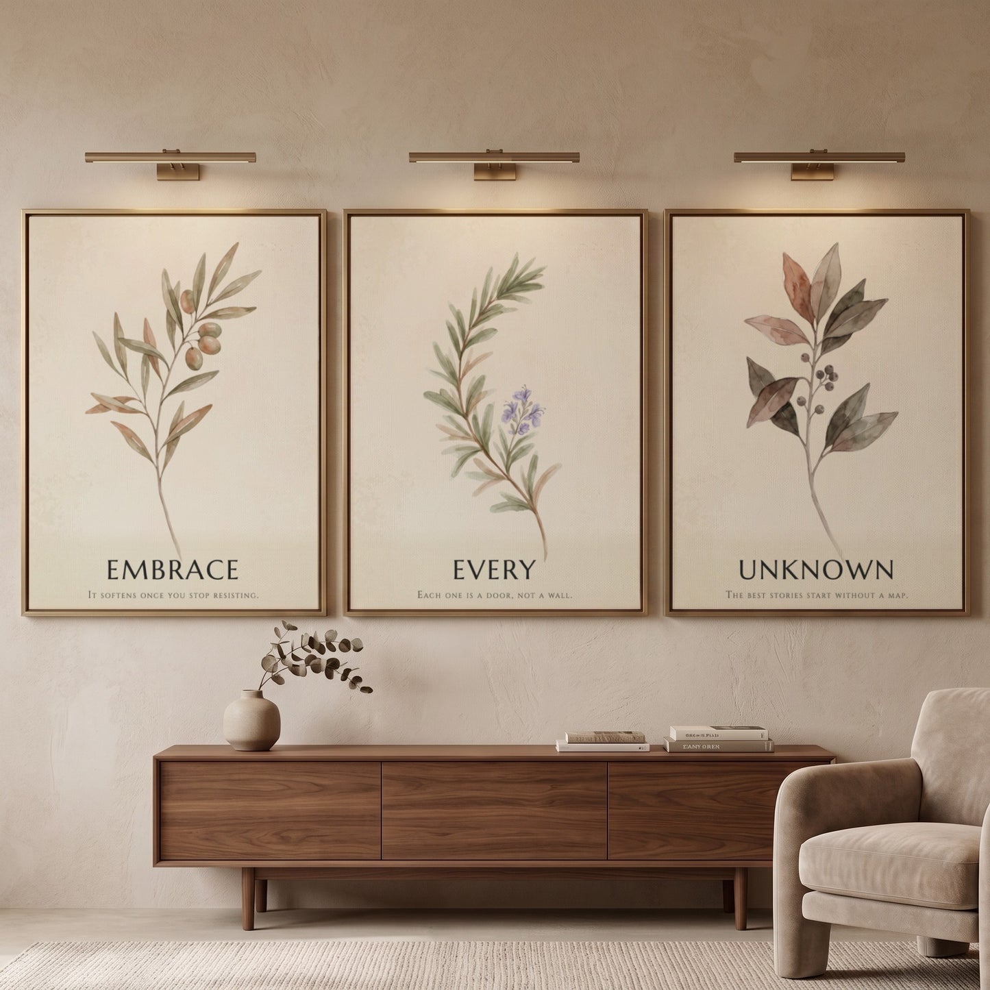 Botanical trio poster featuring earth-toned foliage and the text embrace every unknown displayed