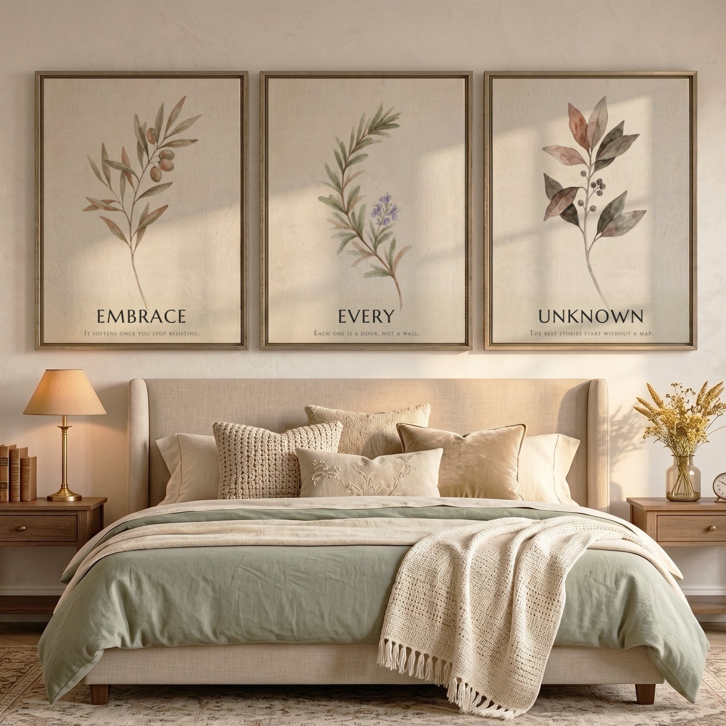 Botanical trio poster featuring earth-toned foliage and the text embrace every unknown displayed
