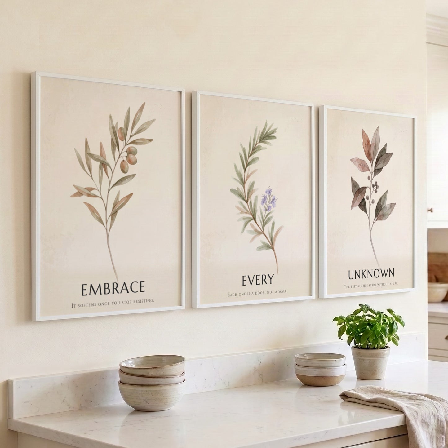 Botanical trio poster featuring earth-toned foliage and the text embrace every unknown displayed