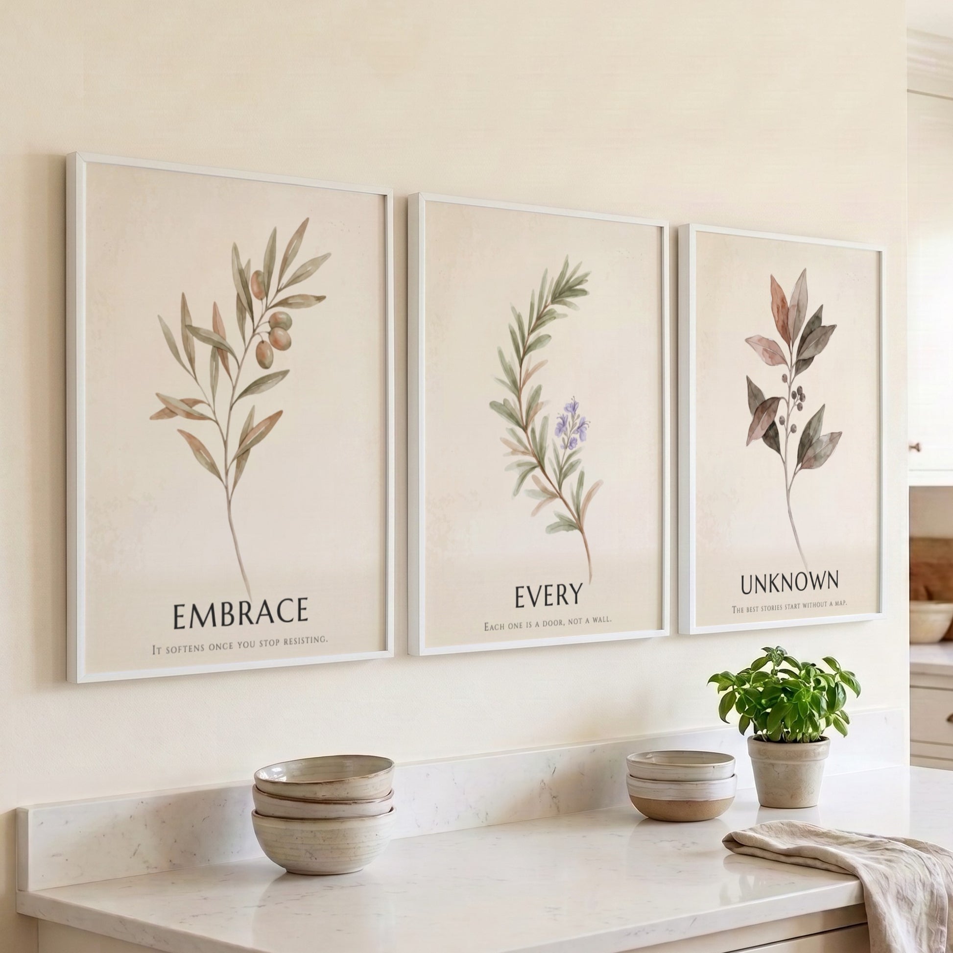 Botanical trio poster featuring earth-toned foliage and the text embrace every unknown displayed