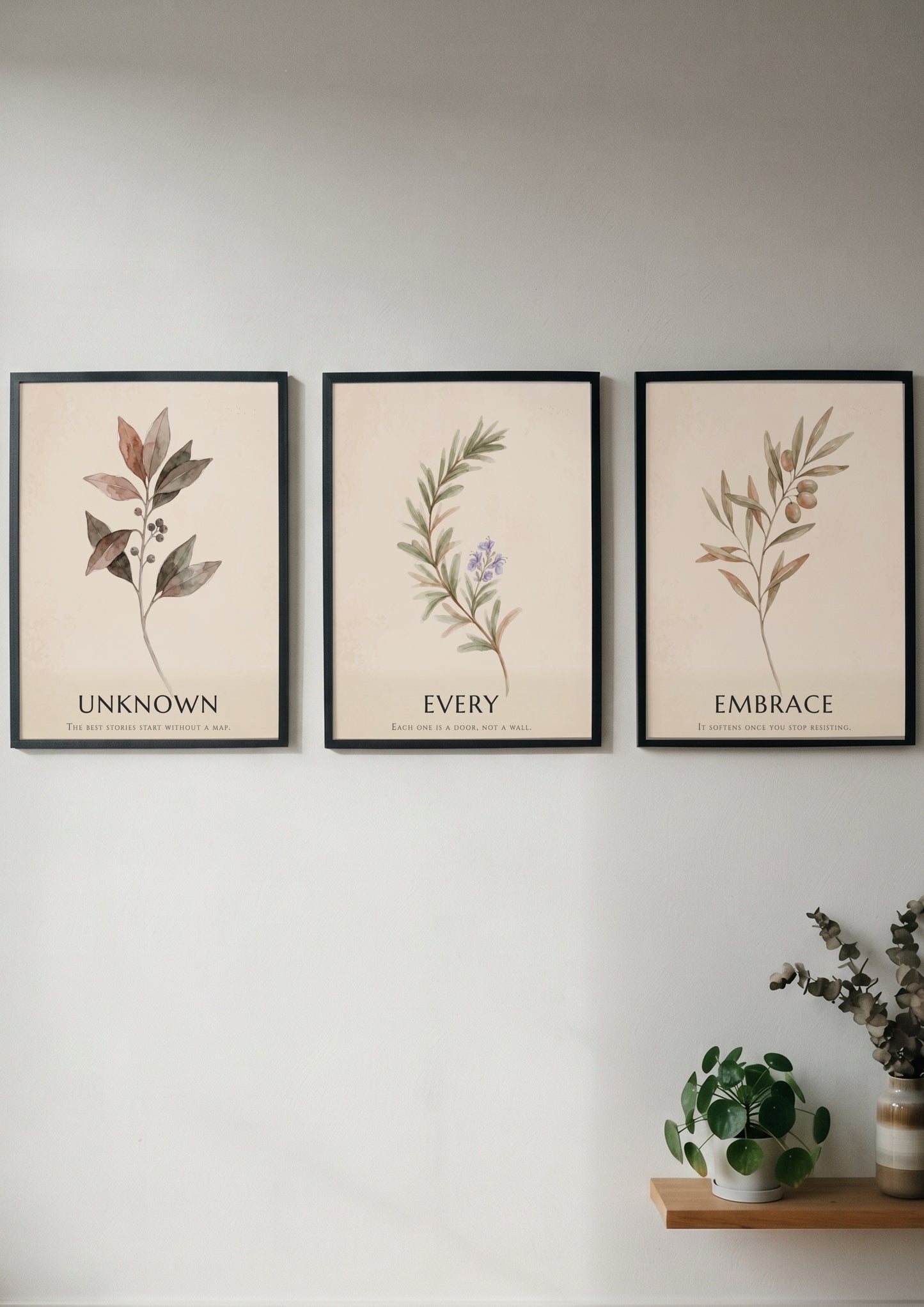 Botanical trio poster featuring earth-toned foliage and the text embrace every unknown displayed