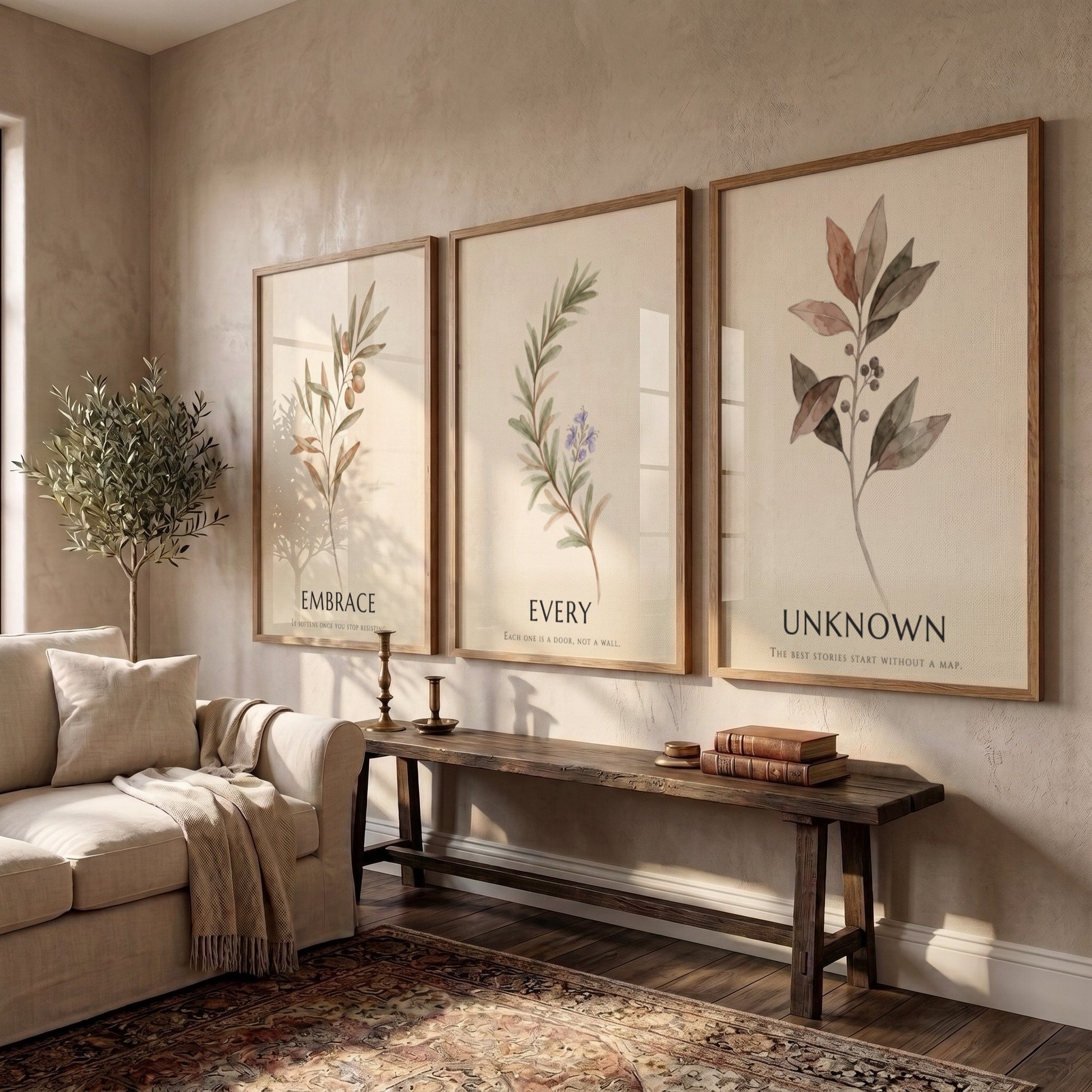 Botanical trio poster featuring earth-toned foliage and the text embrace every unknown displayed