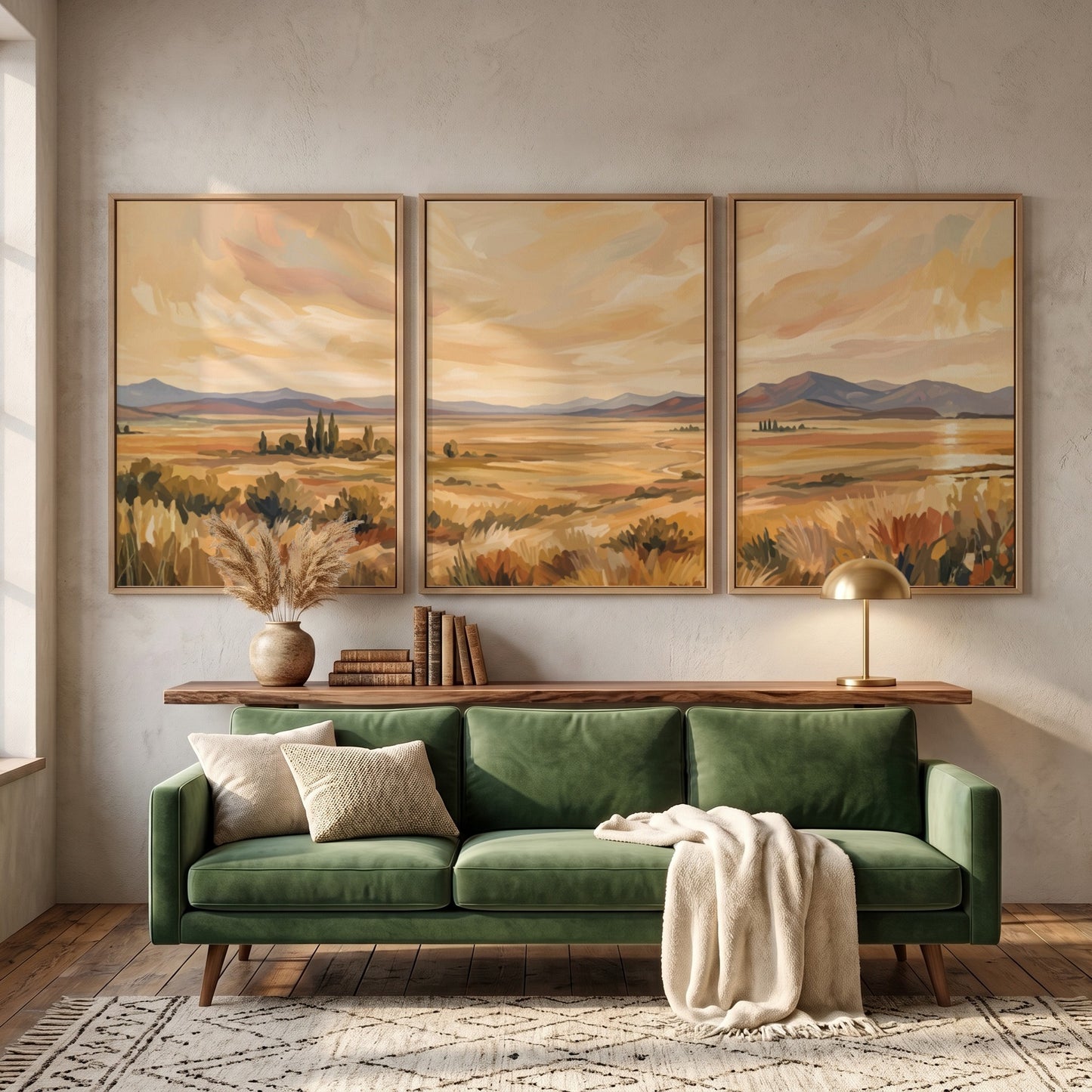 Three framed landscape prints showing golden prairies and distant mountains in a painterly style.