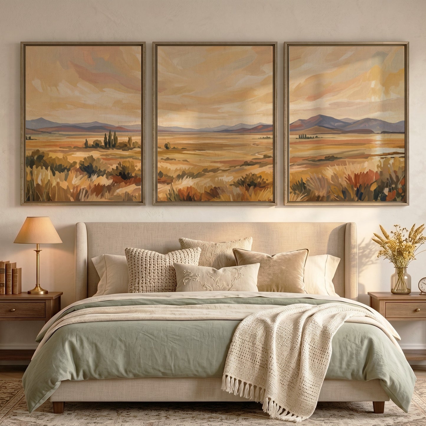 Three framed landscape prints showing golden prairies and distant mountains in a painterly style.