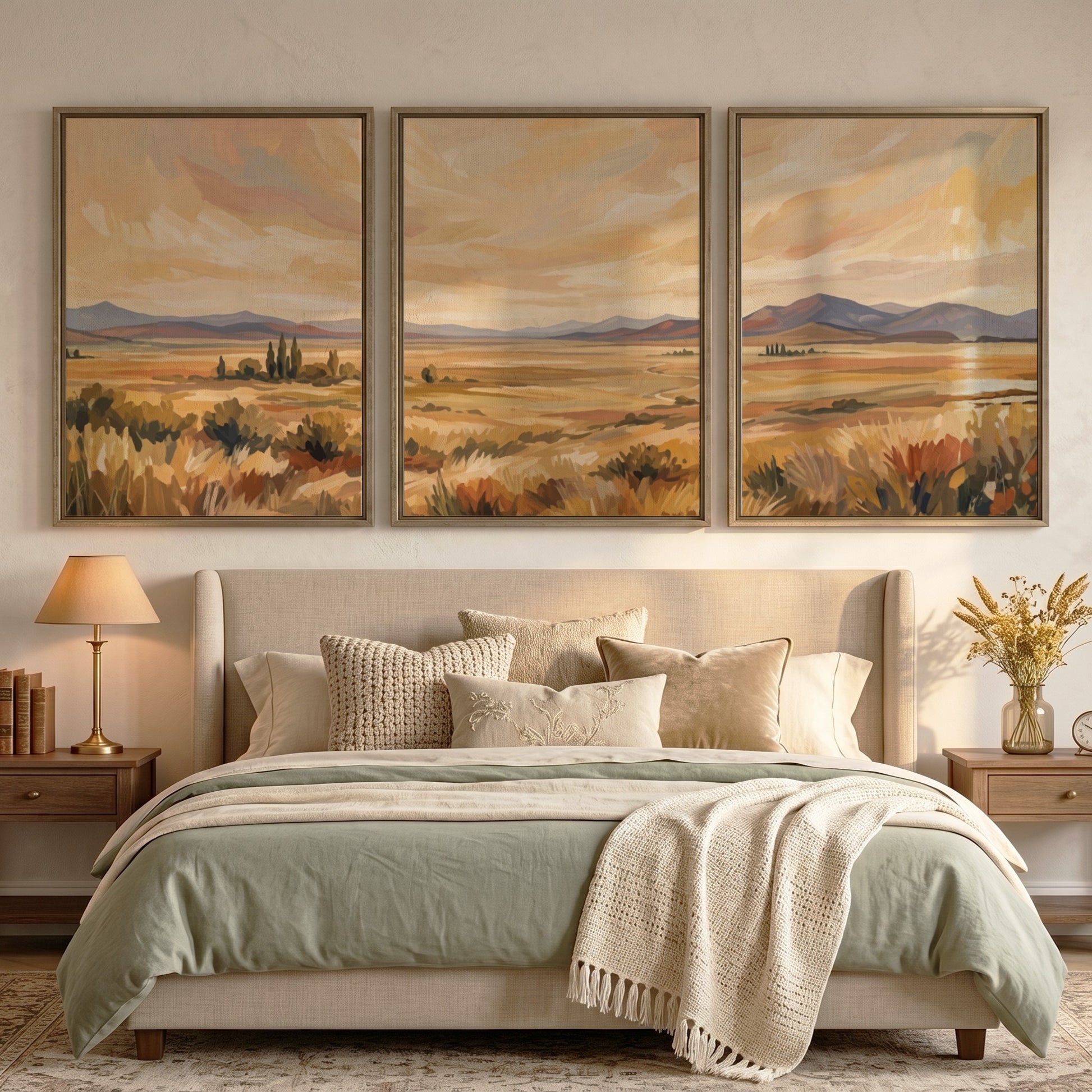 Three framed landscape prints showing golden prairies and distant mountains in a painterly style.