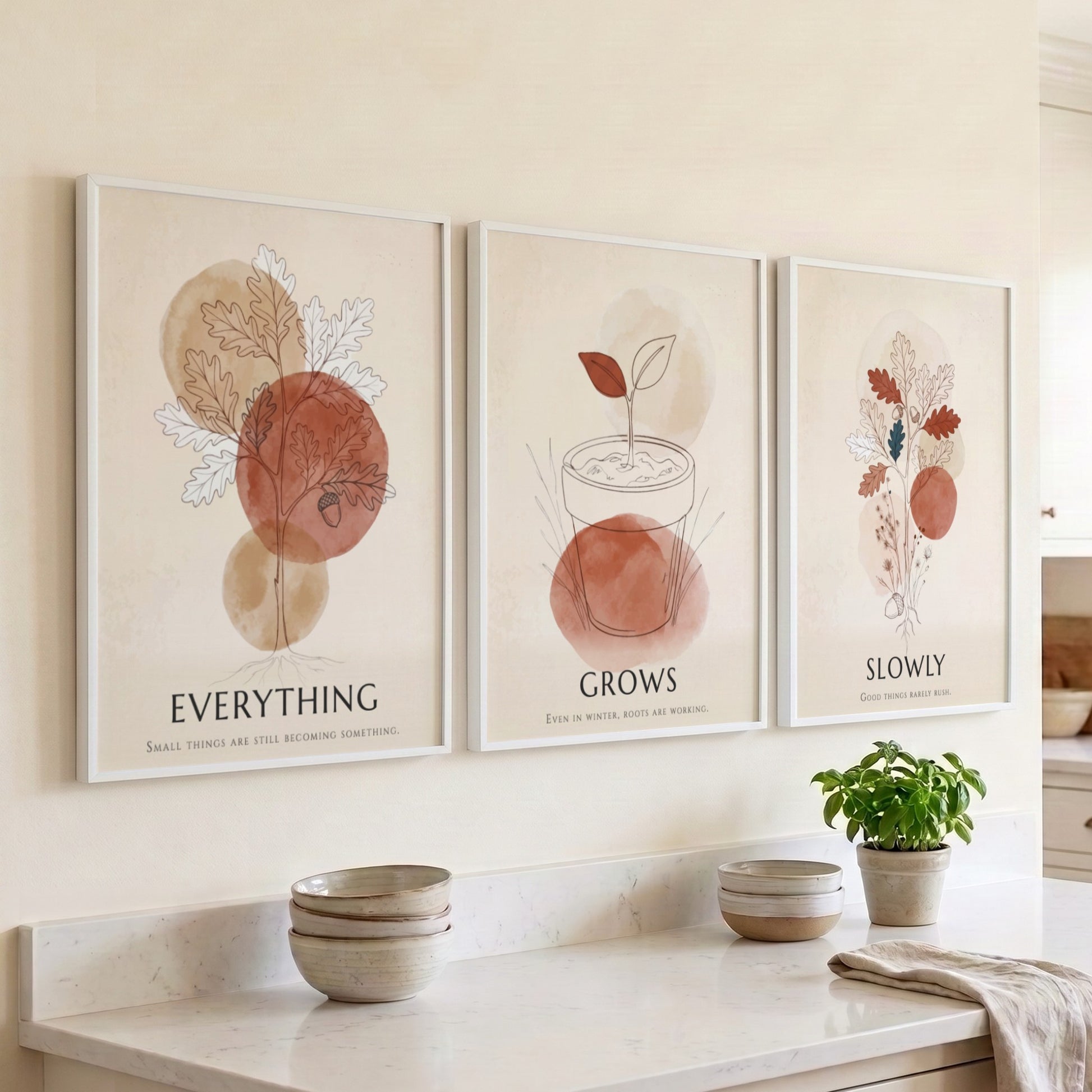 Poster triptych featuring botanical sketches and terracotta circles with the text everything grows slowly